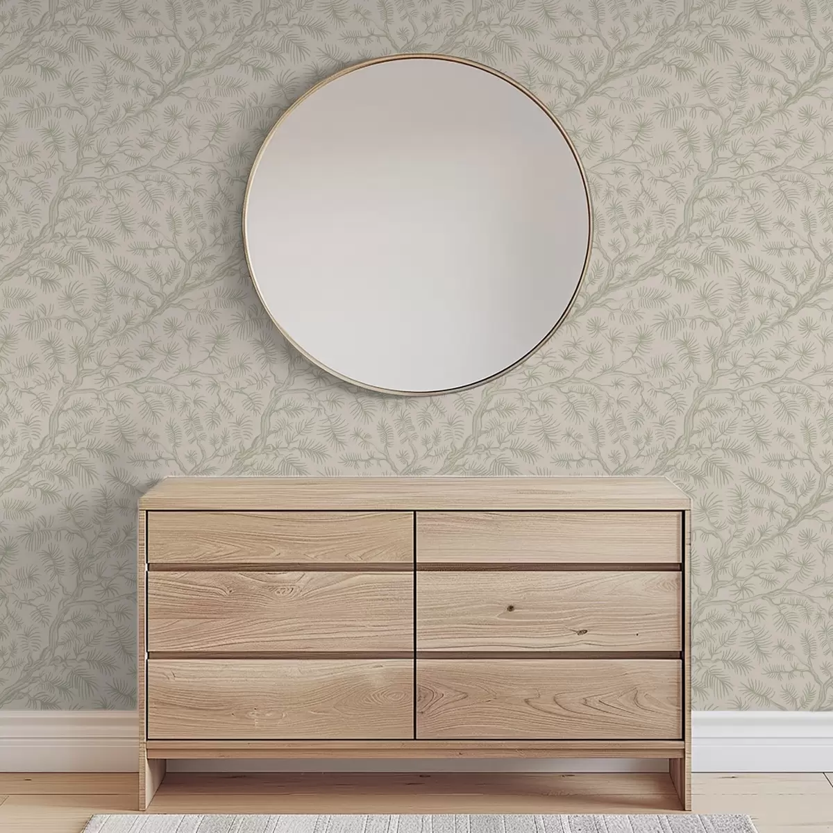 Tapetes Priežu zari gaiši zaļos toņos uz smilškrāsas fona a00838v1