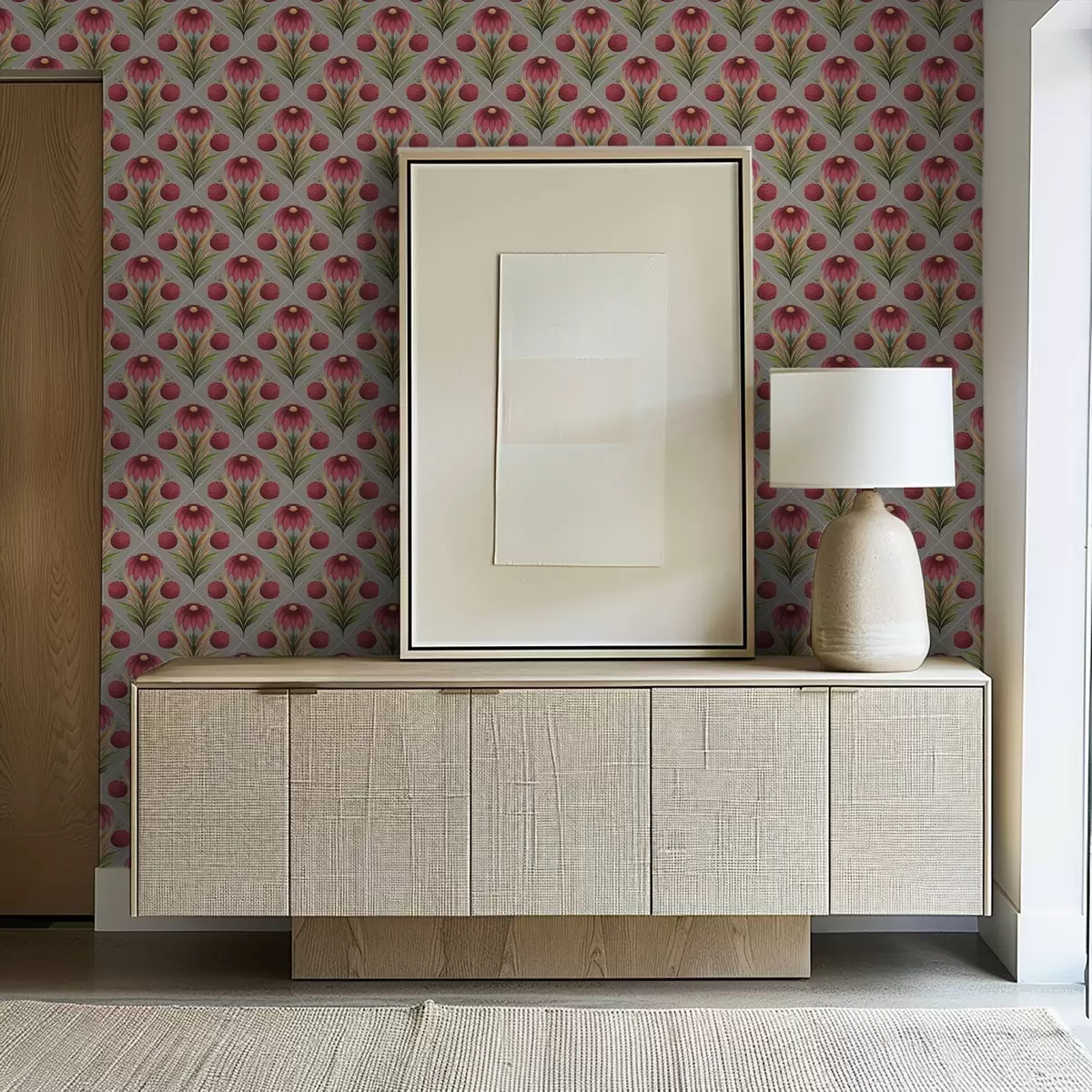 Tapetes Simetriskas ziedu ornamenta uz pelēka fona ar diagonālēm a00869