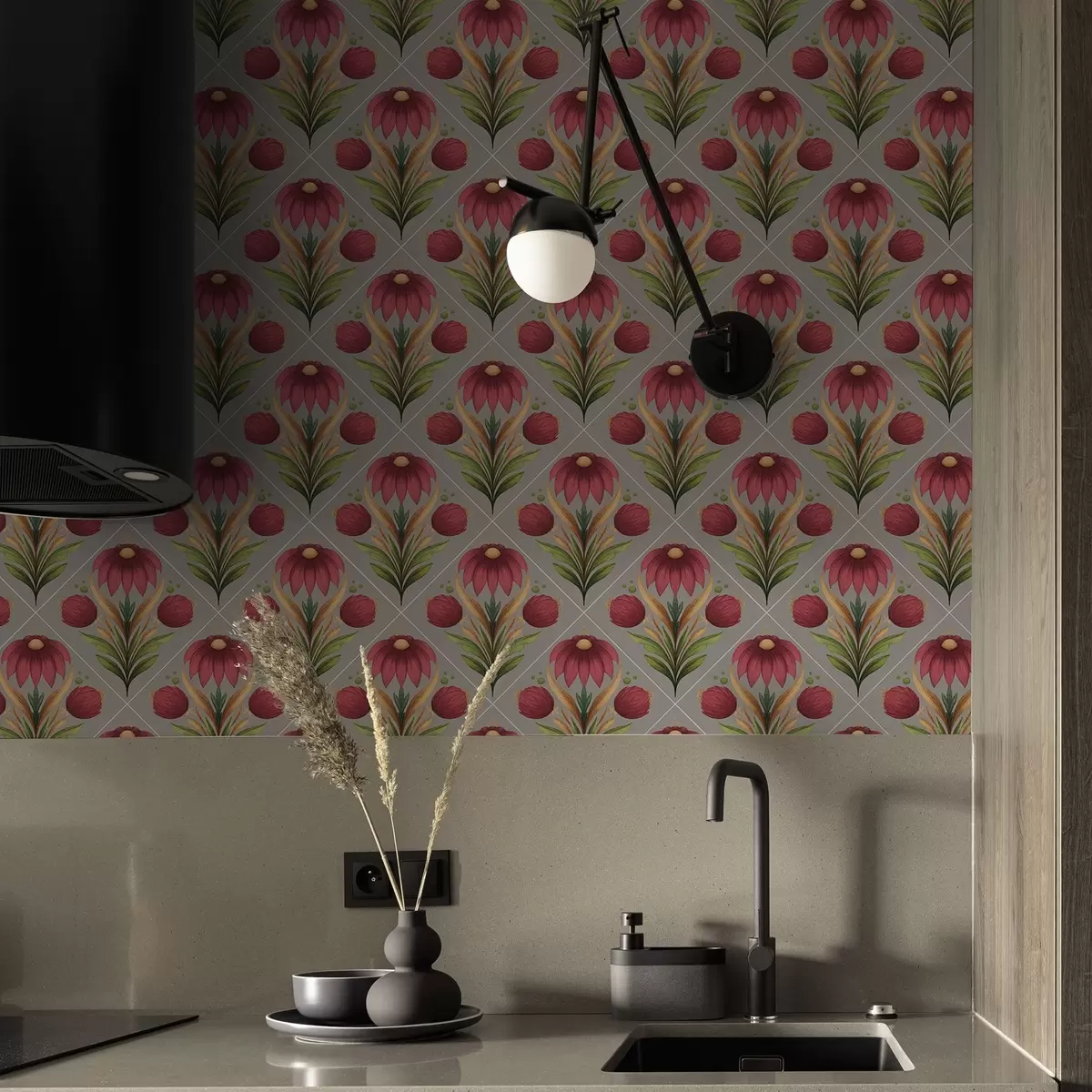 Tapetes Simetriskas ziedu ornamenta uz pelēka fona ar diagonālēm a00869