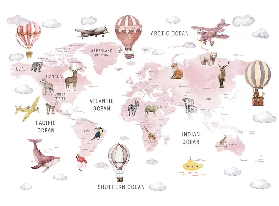Fototapetes Bērnu karte akvareļu stilā ar dzīvniekiem un karstā gaisa baloniem. Angļu valoda. Rozā krāsa c00001env3