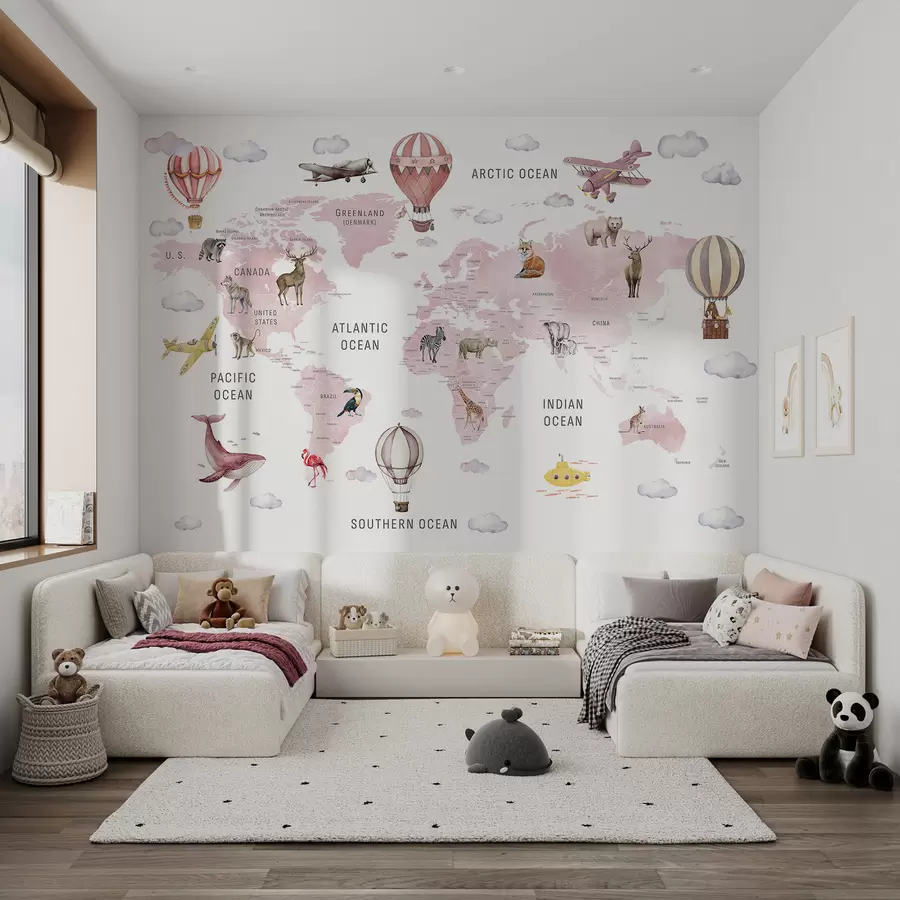 Fototapetes Bērnu karte akvareļu stilā ar dzīvniekiem un karstā gaisa baloniem. Angļu valoda. Rozā krāsa. c00001env3