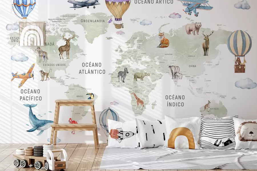 Fototapetes Bērnu karte akvareļu stilā ar dzīvniekiem un karstā gaisa baloniem. Spāņu valoda. Zaļā krāsā. c00001es