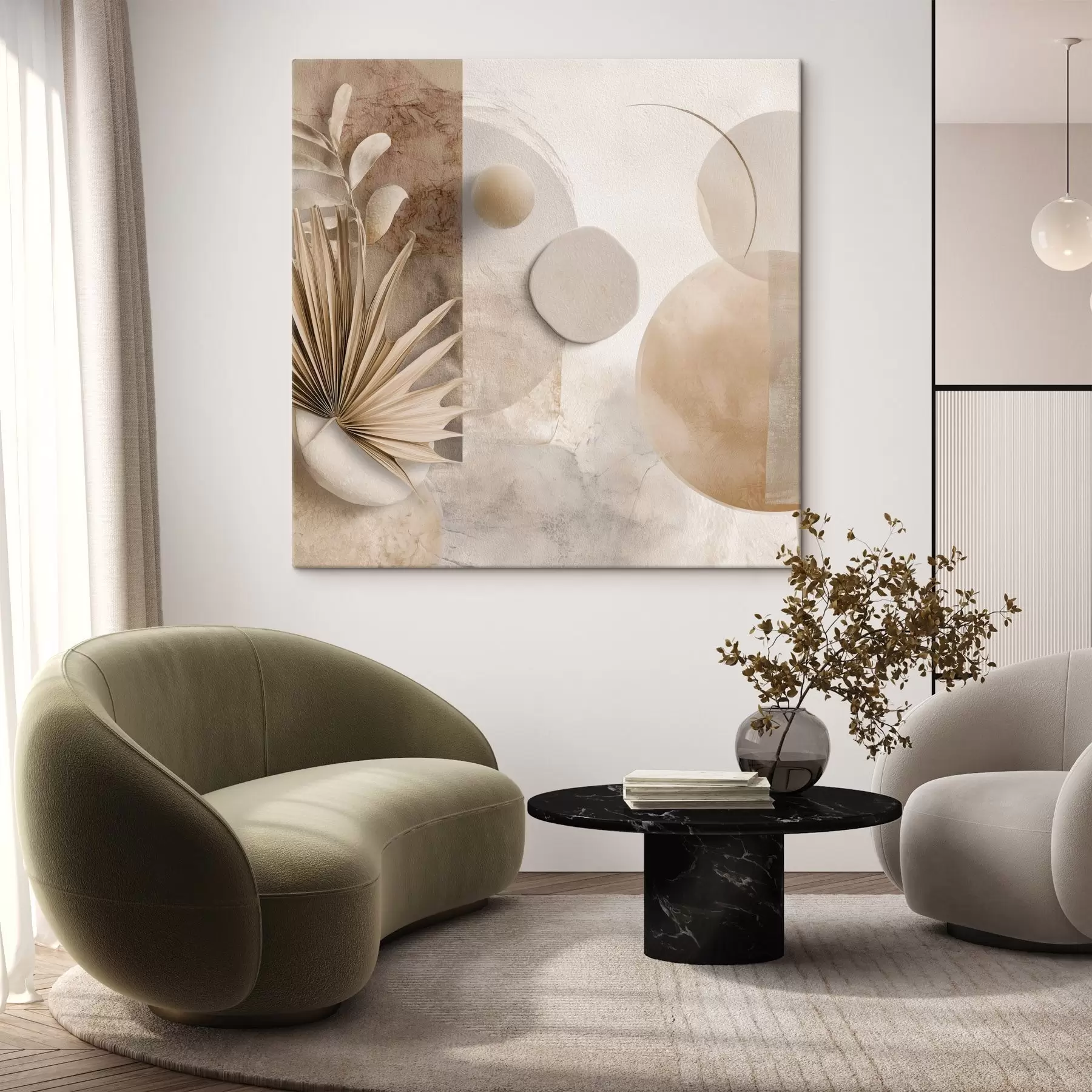 Glezna Žāvētas palmu lapas un 3D apļi smilškrāsas toņos s46310