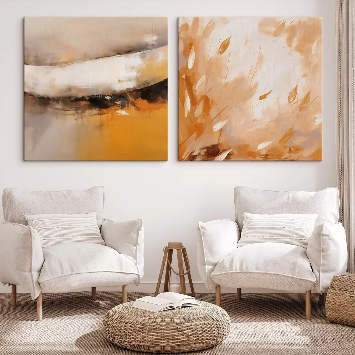 Glezna Abstrakts diptihs eļļas stilā ar dzeltenoranžiem un melniem toņiem m00897