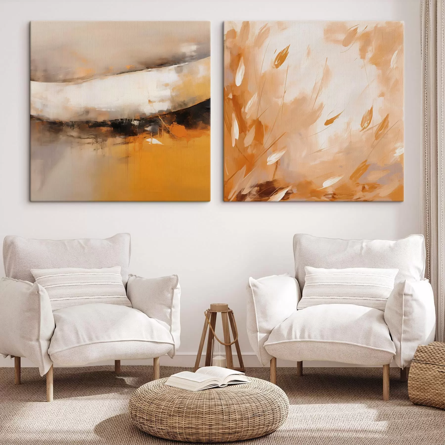 Glezna Abstrakts diptihs eļļas stilā ar dzeltenoranžiem un melniem toņiem m00897