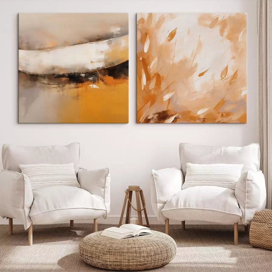 Glezna Abstrakts diptihs eļļas stilā ar dzeltenoranžiem un melniem toņiem m00897
