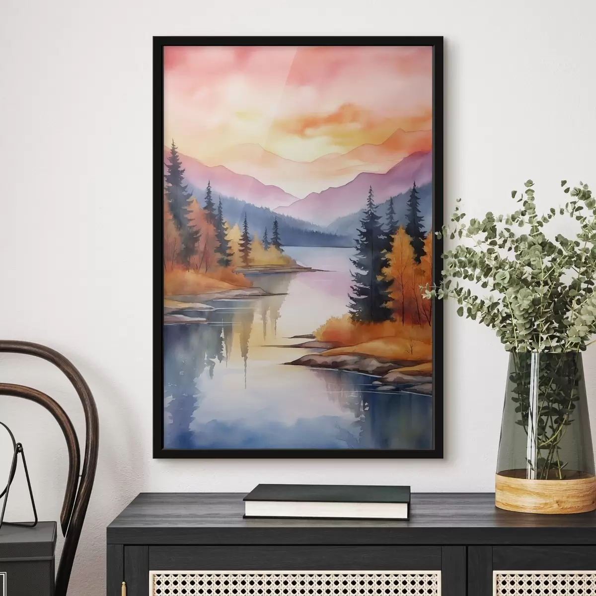 Plakāts Rudens ainava pie ezera ar gaišu debesi f46155