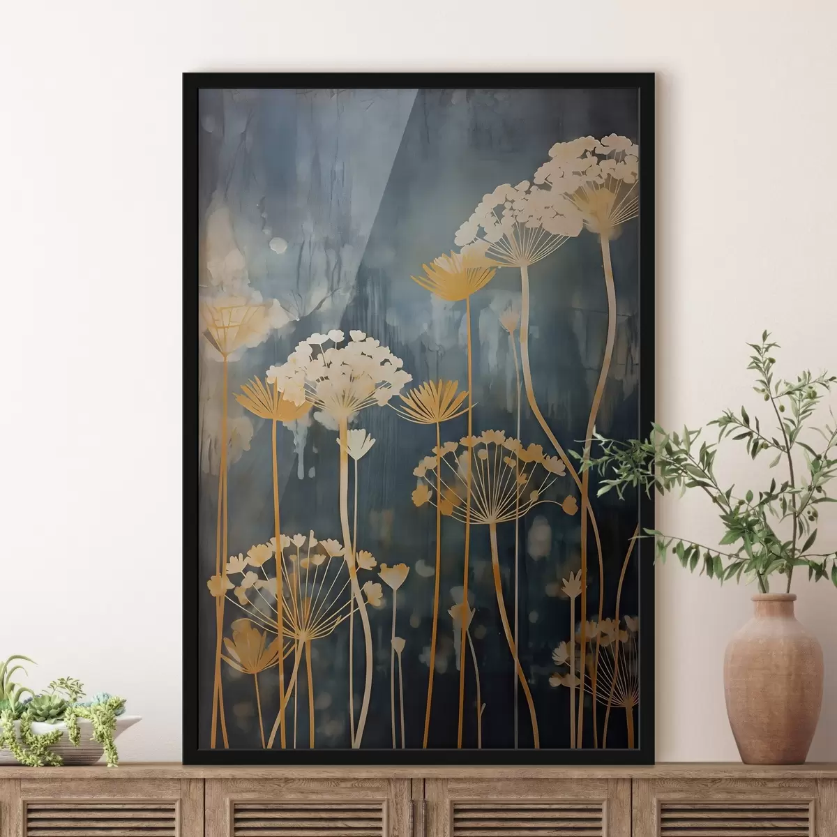 Plakāts Stilizēti ziedi ar plāniem kātiņiem uz tumša fona f46188