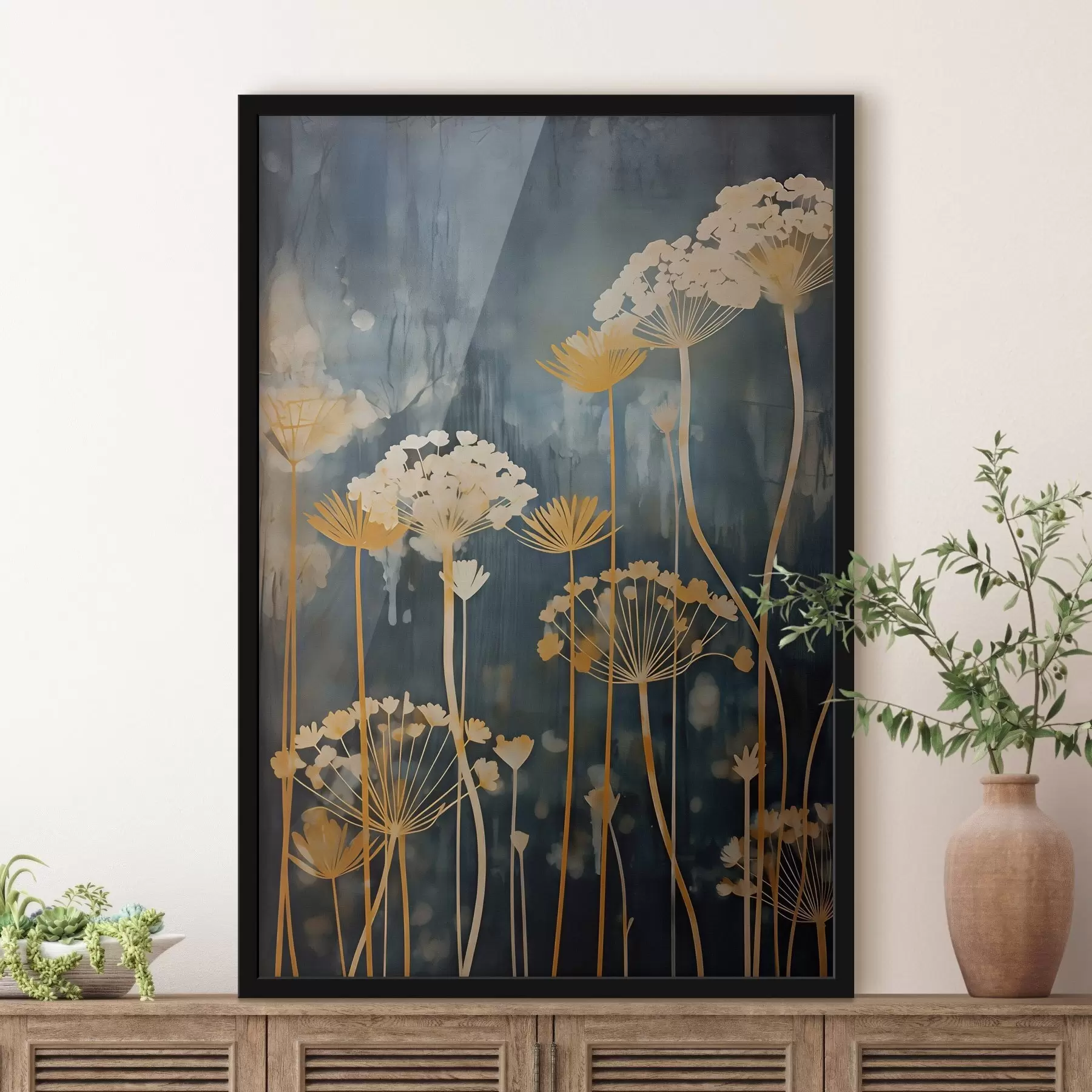 Fototapetes Stilizēti ziedi ar plāniem kātiņiem uz tumša fona f46188