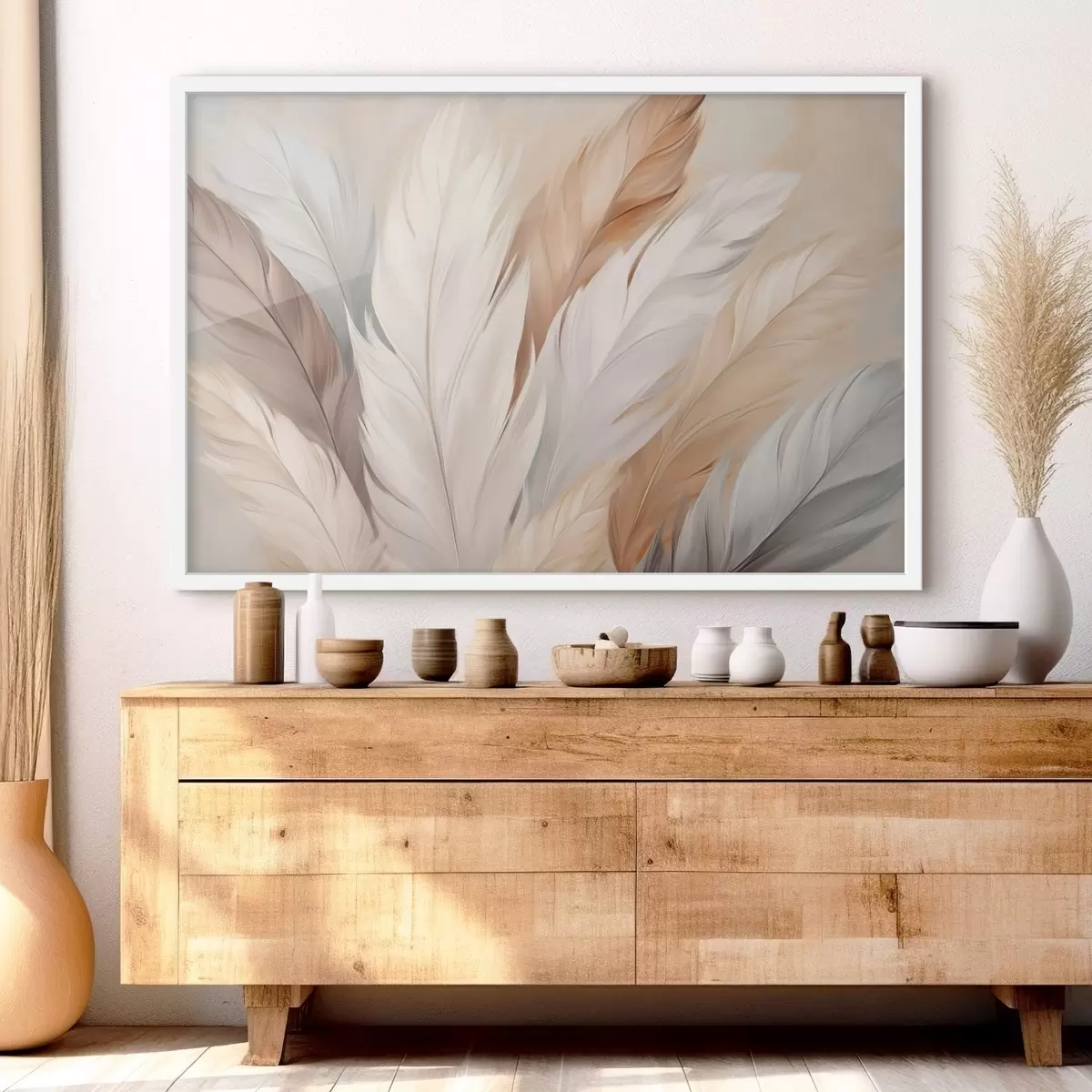 Plakāts Mīkstas spalvas smilškrāsā un pelēkā tonī f46190