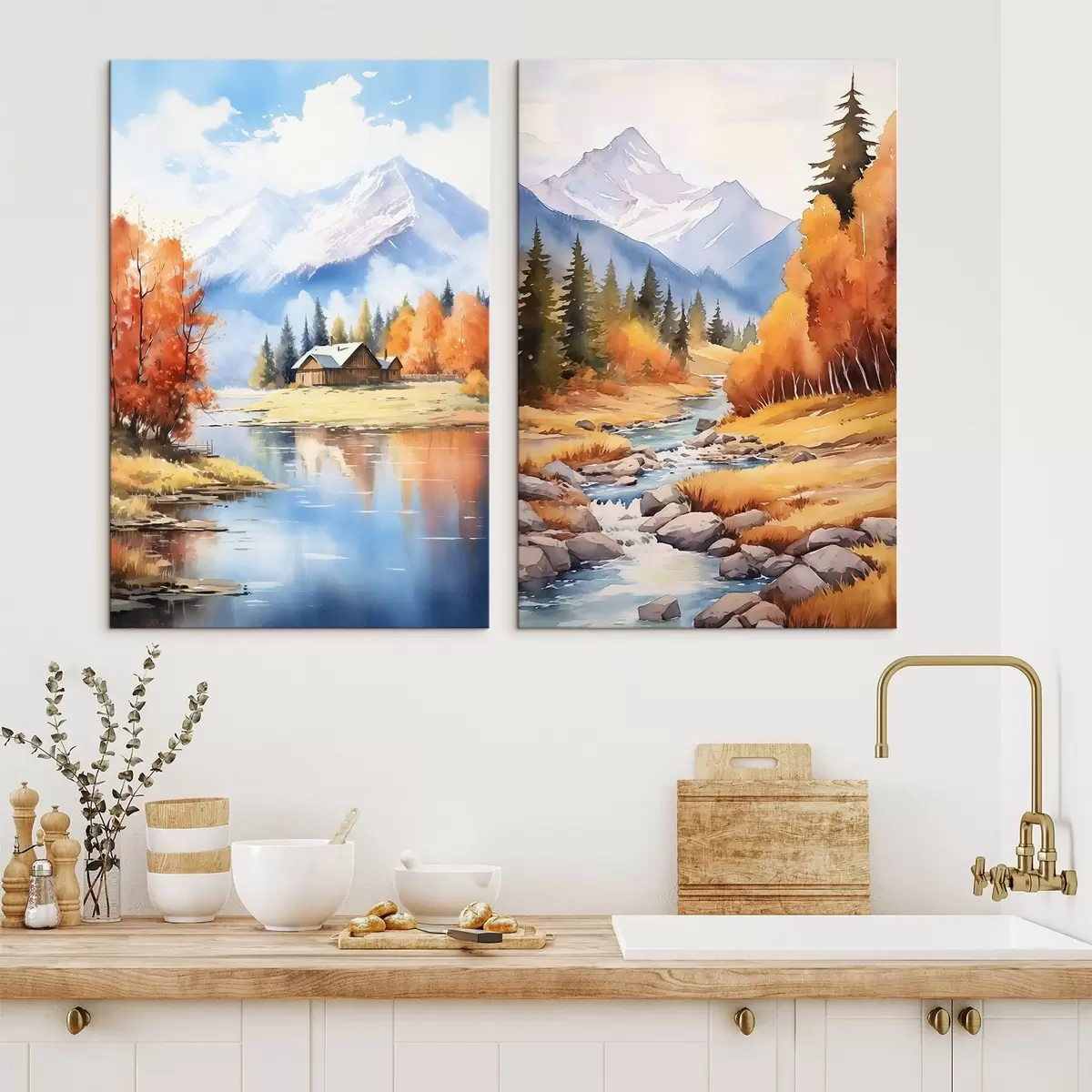 Glezna Rudens kalnu ainava ar ezeru un upi m00929