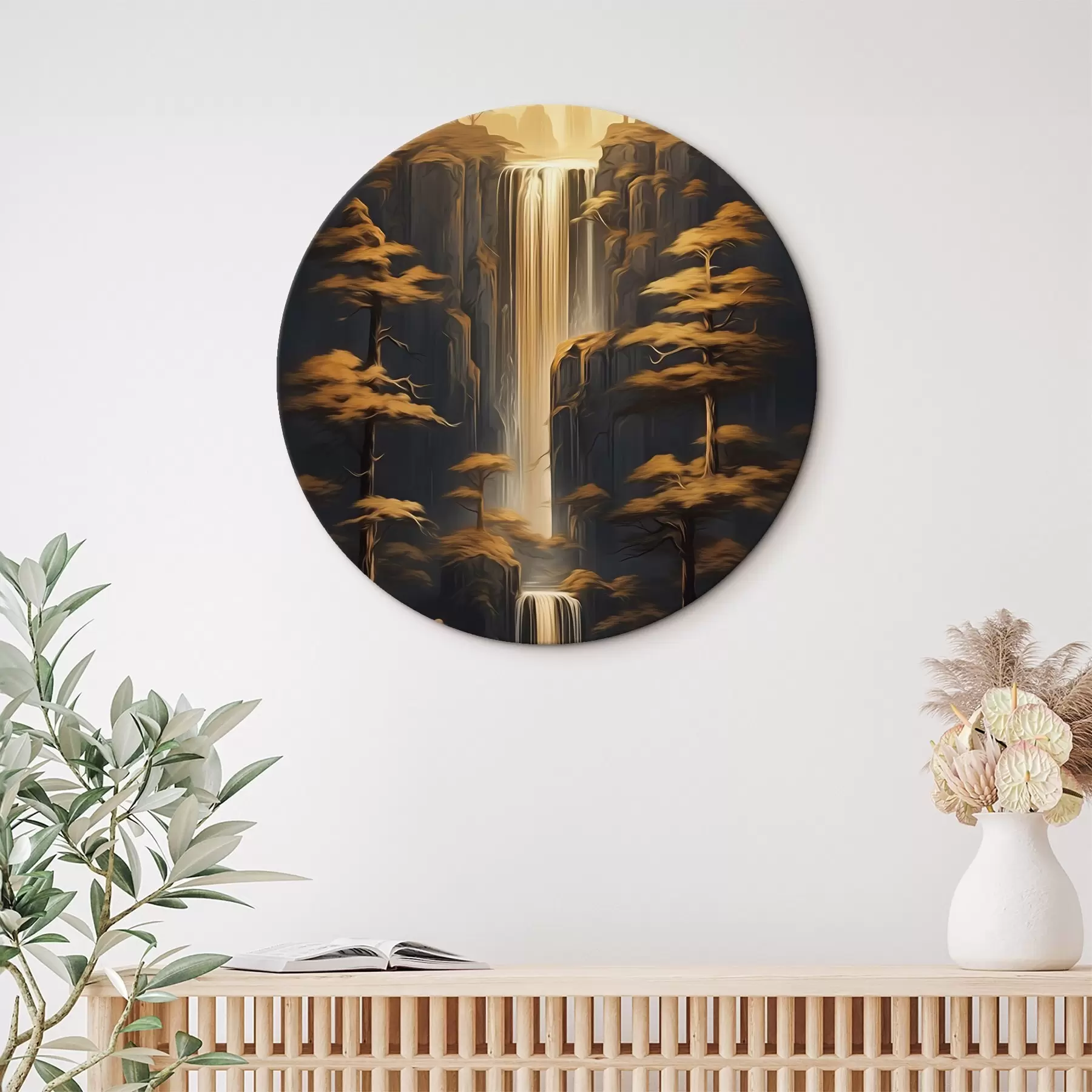 Glezna Augstas klintis ar ūdenskritumu un priedes vakara gaismā r46151