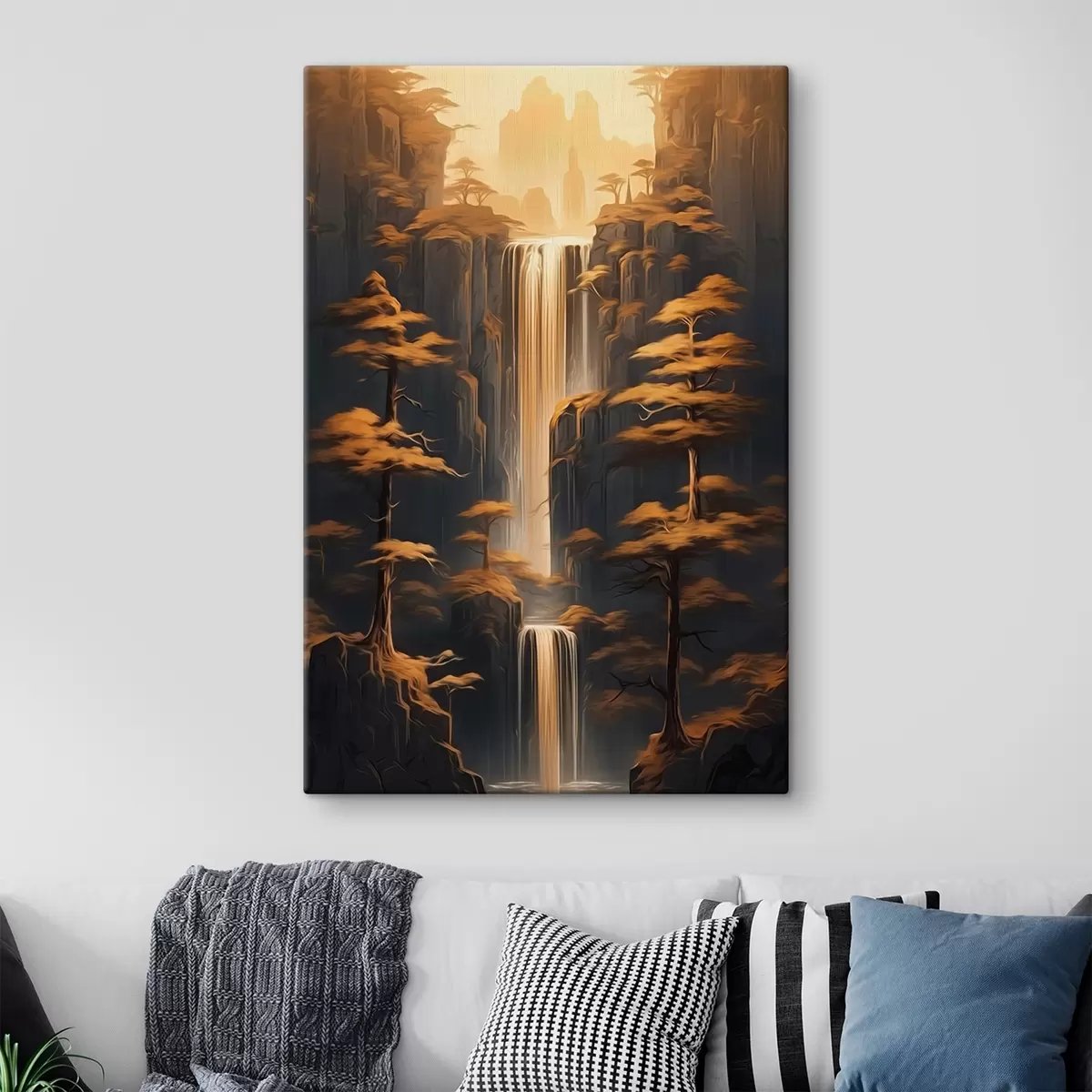 Glezna Augstas klintis ar ūdenskritumu un priedes vakara gaismā s46151