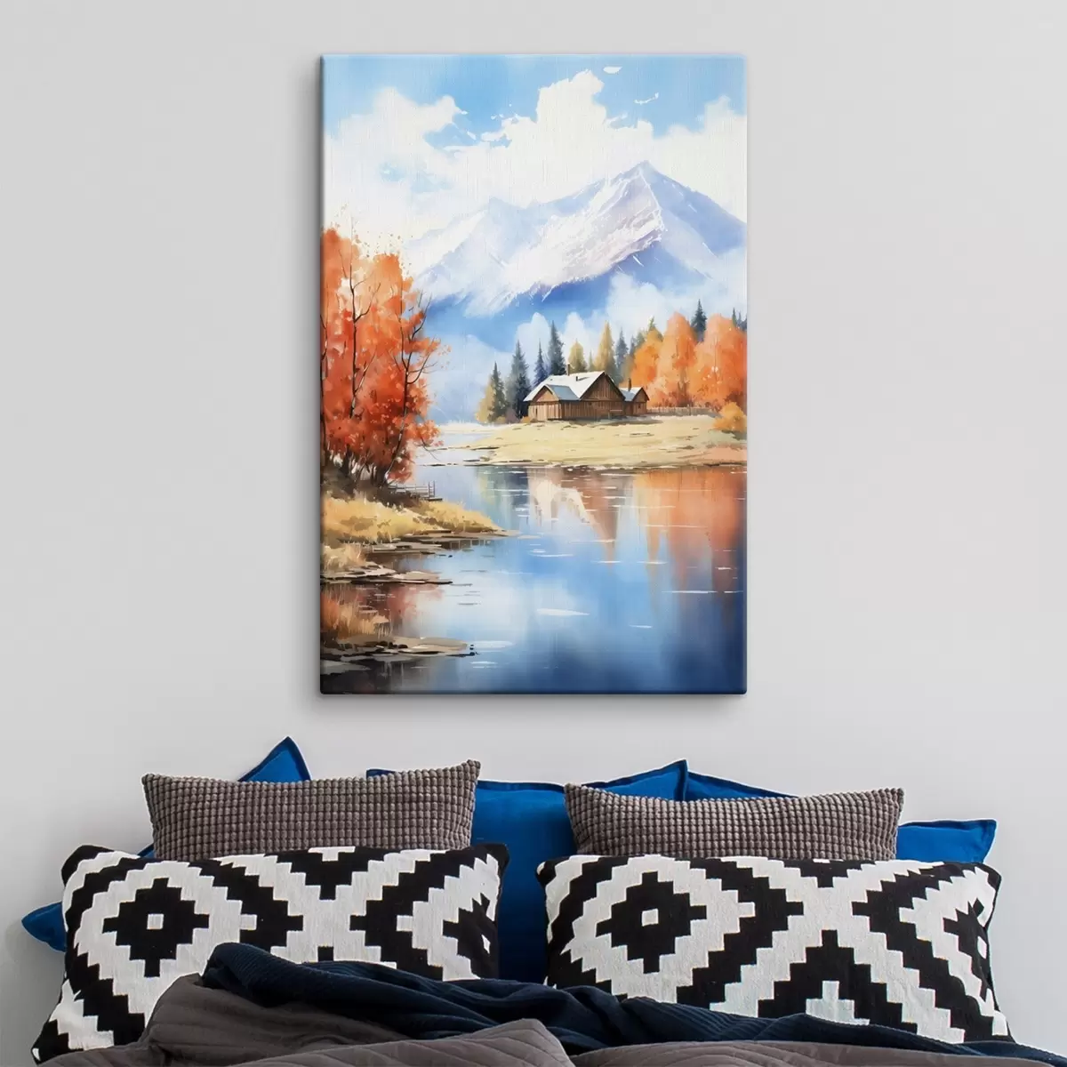 Glezna Rudens ainava pie ezera ar māju un kalniem s46184
