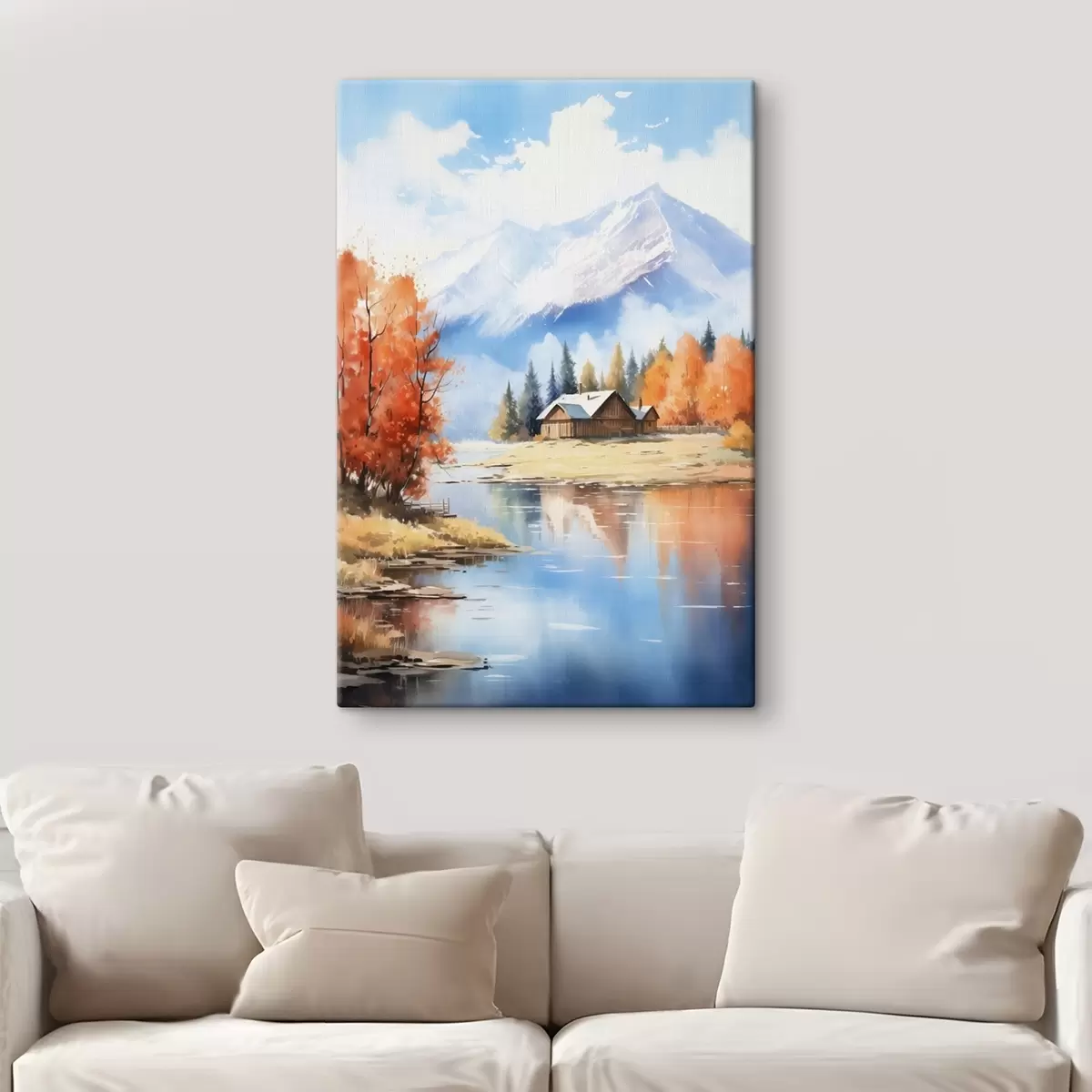 Glezna Rudens ainava pie ezera ar māju un kalniem s46184