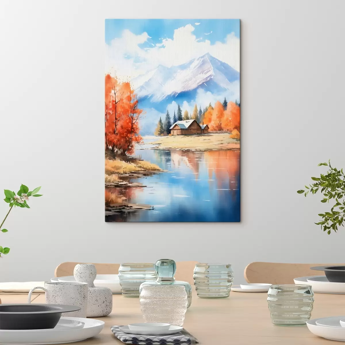Glezna Rudens ainava pie ezera ar māju un kalniem s46184