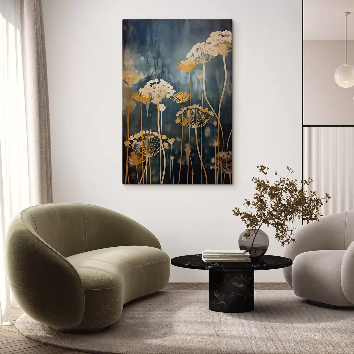 Glezna Stilizēti ziedi ar plāniem kātiņiem uz tumša fona s46188