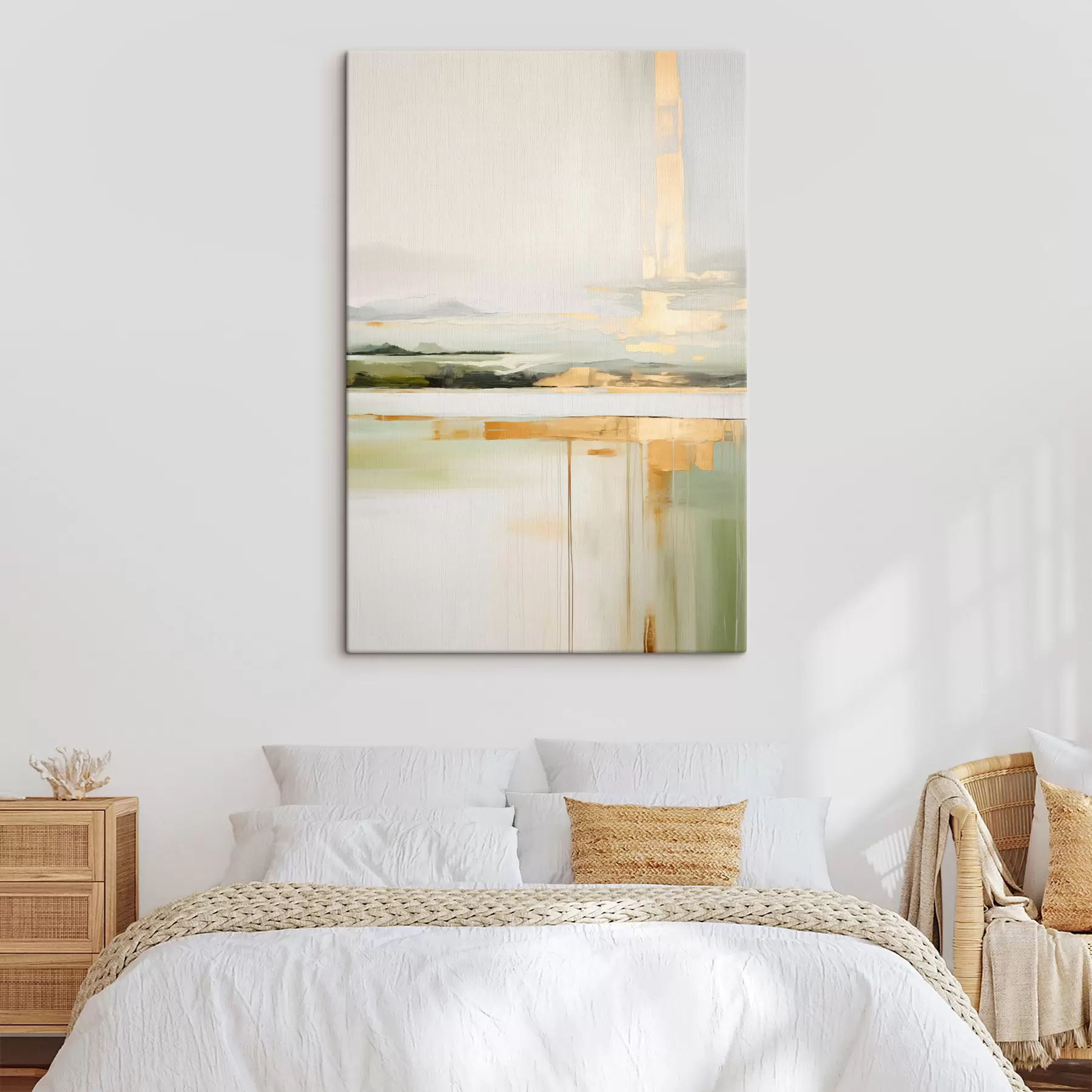 Glezna Abstrakts ainavas attēls ar dzelteniem akcentiem, minimālistiska zemes, ūdens un debesu kompozīcija ar klusinātiem toņiem. s46268