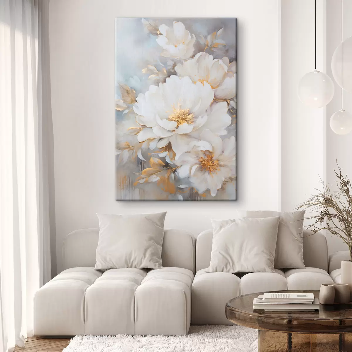 Glezna Baltas peonijas ar dzeltenu centru un lapām, maigi otas triepieni, gaiši zils fons, ziedu kompozīcija s46271