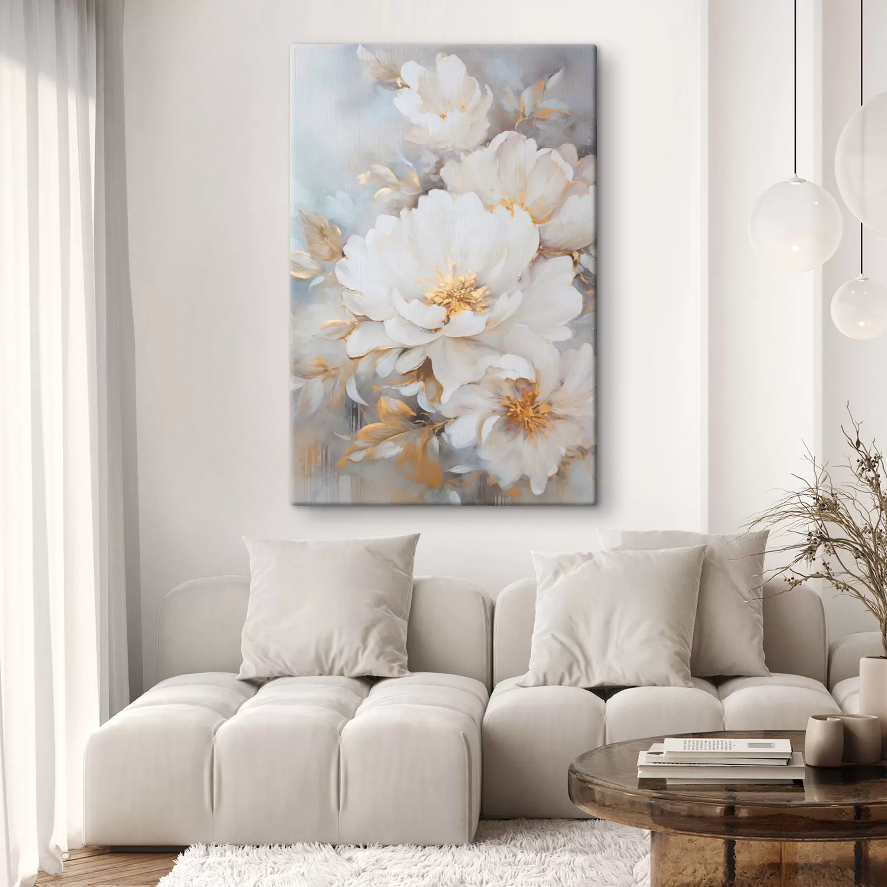 Glezna Baltas peonijas ar dzeltenu centru un lapām, maigi otas triepieni, gaiši zils fons, ziedu kompozīcija s46271