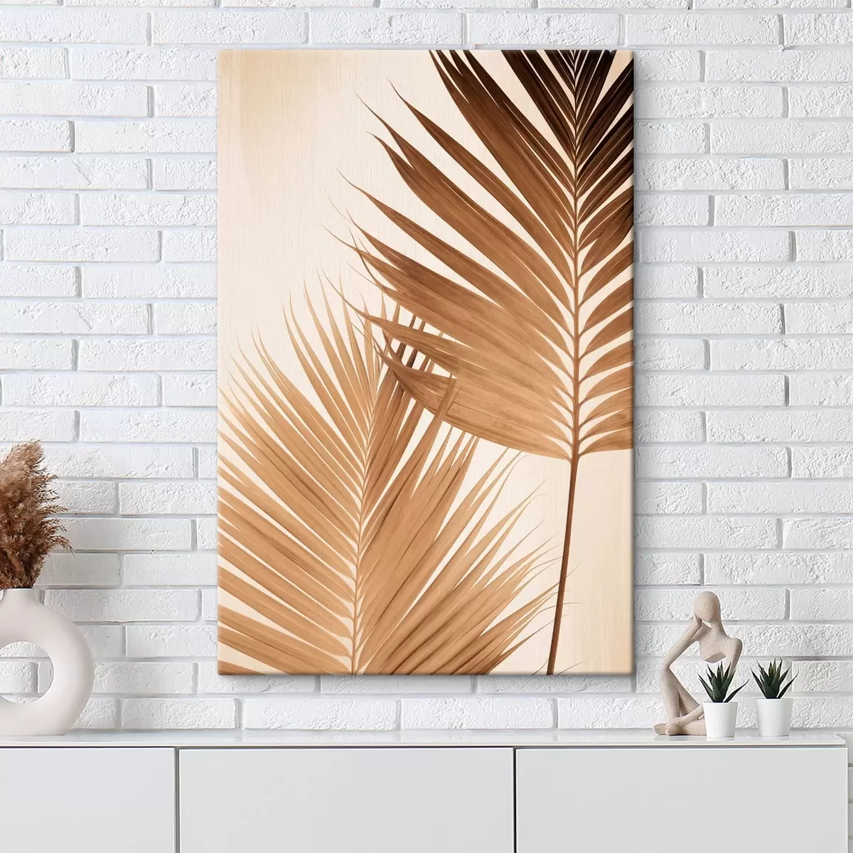 Glezna Palmu lapas brūnos toņos, neitrāls fons, minimālisma stils, dabiskais apgaismojums, tropu noskaņa s46274