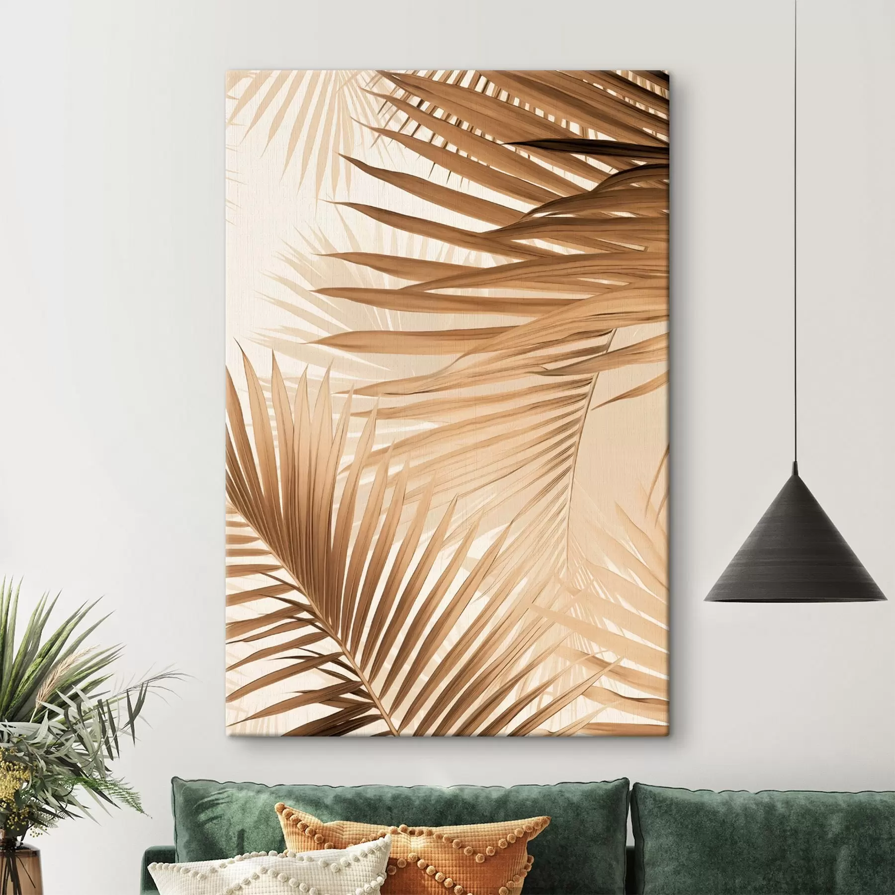 Glezna Abstraktas palmu lapas brūnos toņos, tropiskas, botāniskas, dabas, minimālistiskas, elegantas, moderns dizains s46275