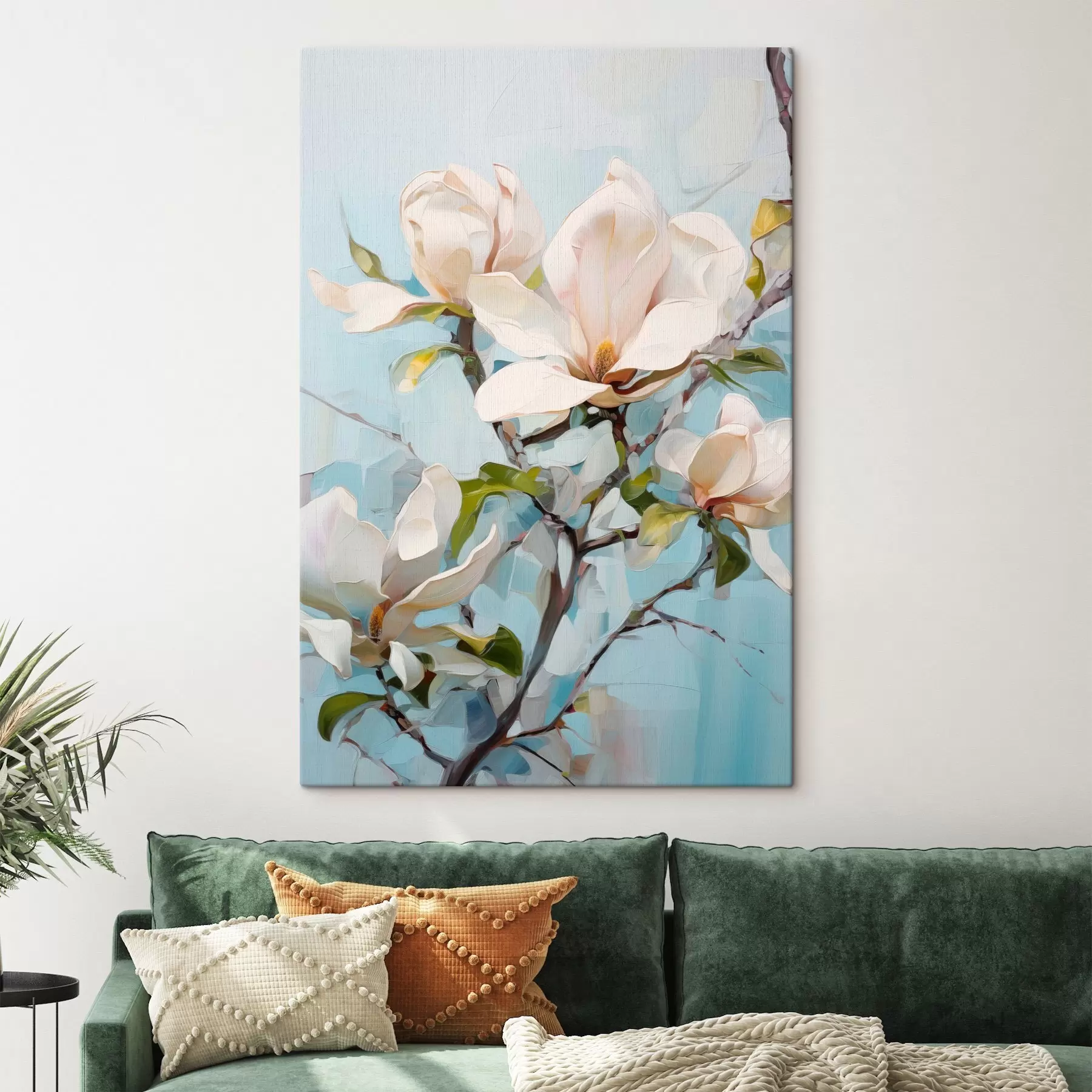 Glezna Baltas magnolijas ziedi, gaiši zils fons ar maigām otu triepienu līnijām, eļļas glezna, impasto tekstūra s46277