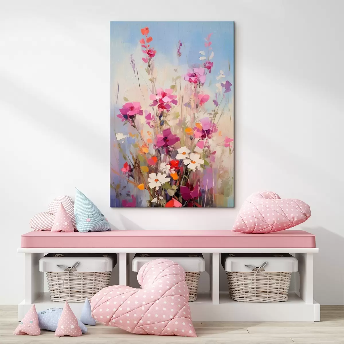 Glezna Spilgti rozā, baltas un zaļas puķes uz maiga, pasteļtoņu fona s46278