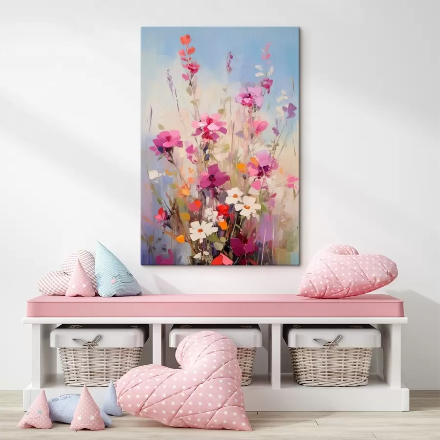 Glezna Spilgti rozā, baltas un zaļas puķes uz maiga, pasteļtoņu fona s46278