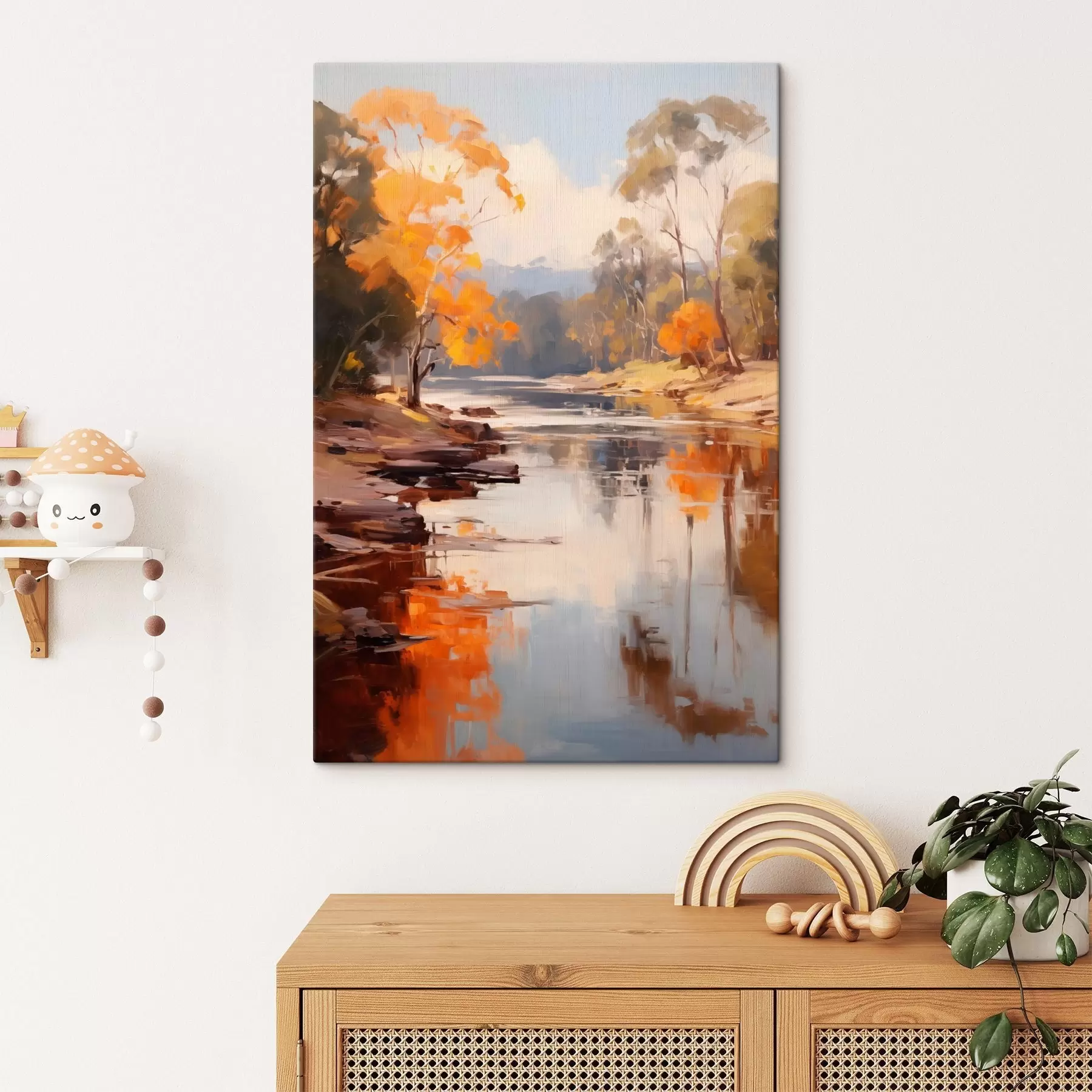 Glezna Rudens ainava, upe ar kokiem krastā, mežs fonā, atspoguļojumi uz ūdens s46280