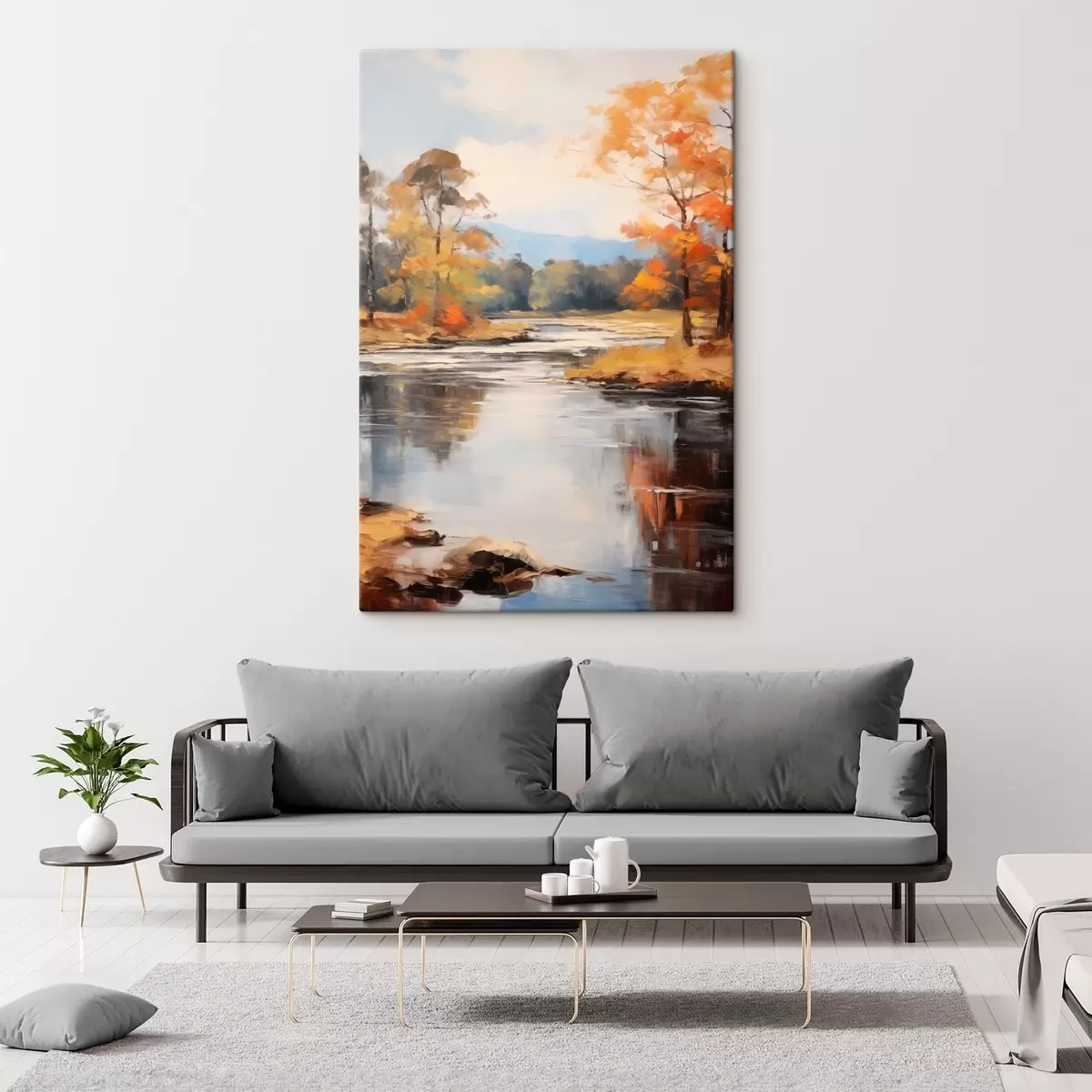 Glezna Ainava ar upi, kas plūst cauri mežam rudenī, dzelteniem un oranžiem kokiem, glezniecības stils s46281