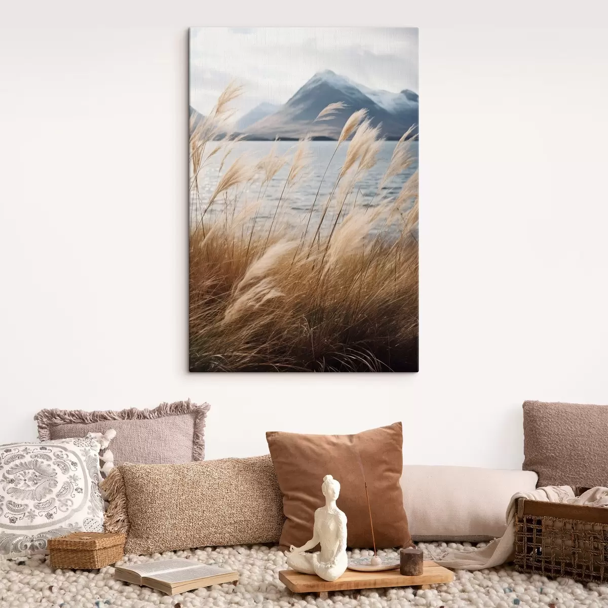 Glezna Pampas zāle ar ezeru un kalniem fonā, maigs apgaismojums, klusas krāsas, naturālistisks stils s46283