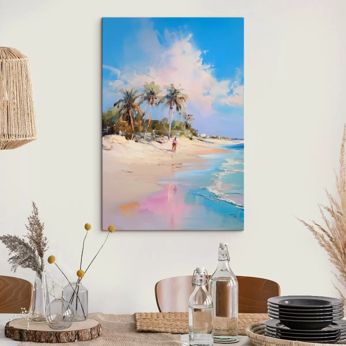 Glezna Abstrakts ainava, pludmale ar palmu kokiem, gaiša saulaina diena ar zilu debesi un dažiem mākoņiem s46284