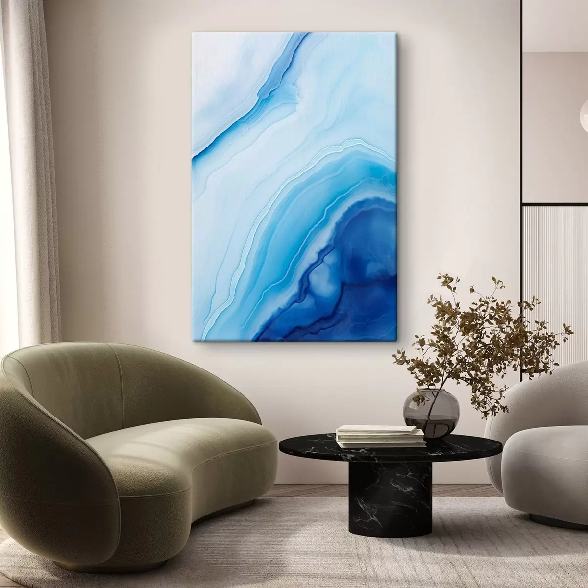 Glezna Abstrakts zils un balts agata raksts, virpuļojošas līnijas un gradienti, gluda tekstūra, modernā māksla, minimālisms s46290