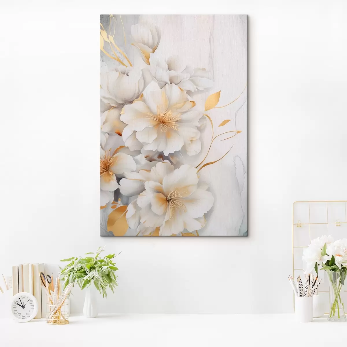 Glezna Baltas ziedi ar dzelteniem akcentiem, ziedlapiņas ar smalkiem ēnām, gaišs fons ar smalku marmora efektu s46292