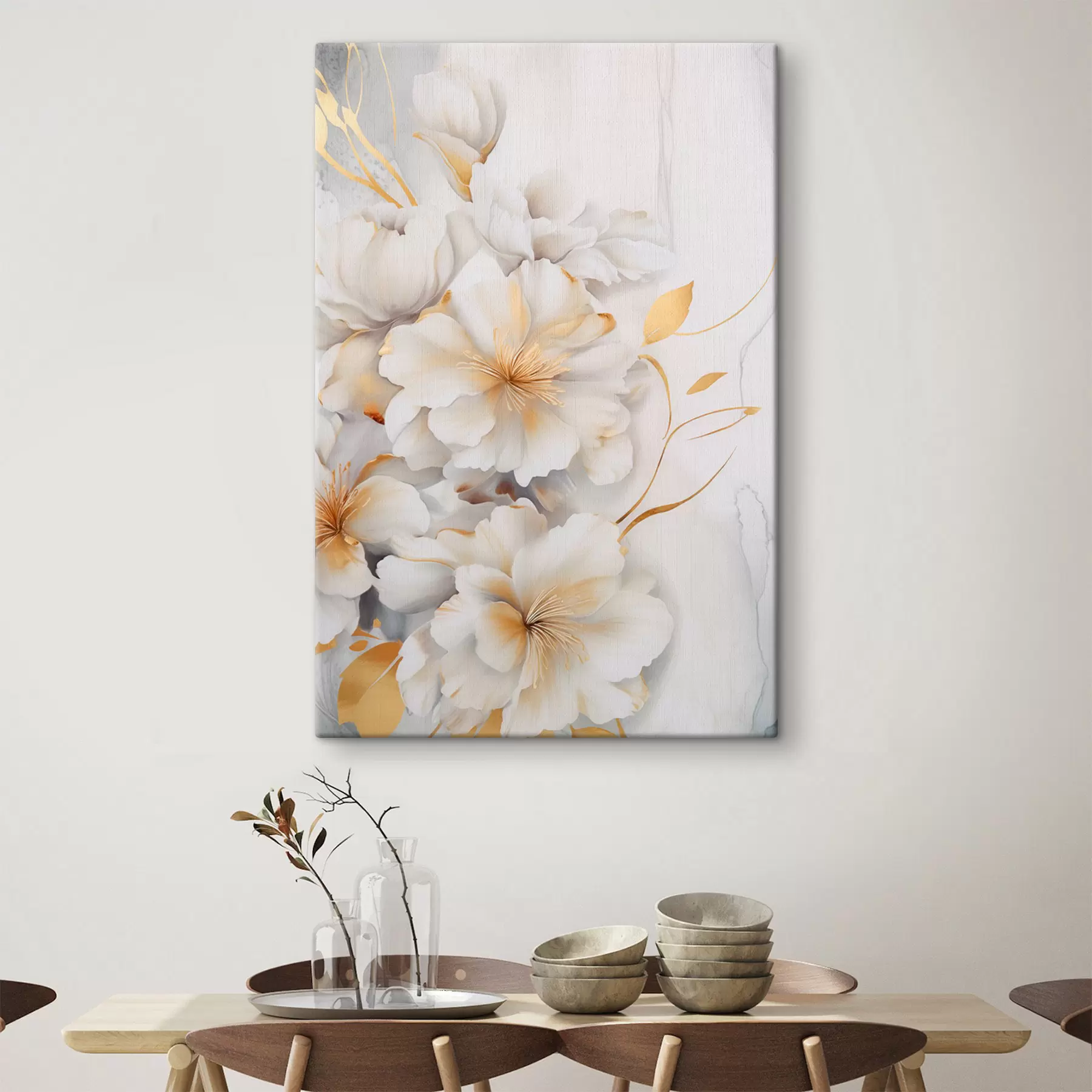 Glezna Baltas ziedi ar dzelteniem akcentiem, ziedlapiņas ar smalkiem ēnām, gaišs fons ar smalku marmora efektu s46292