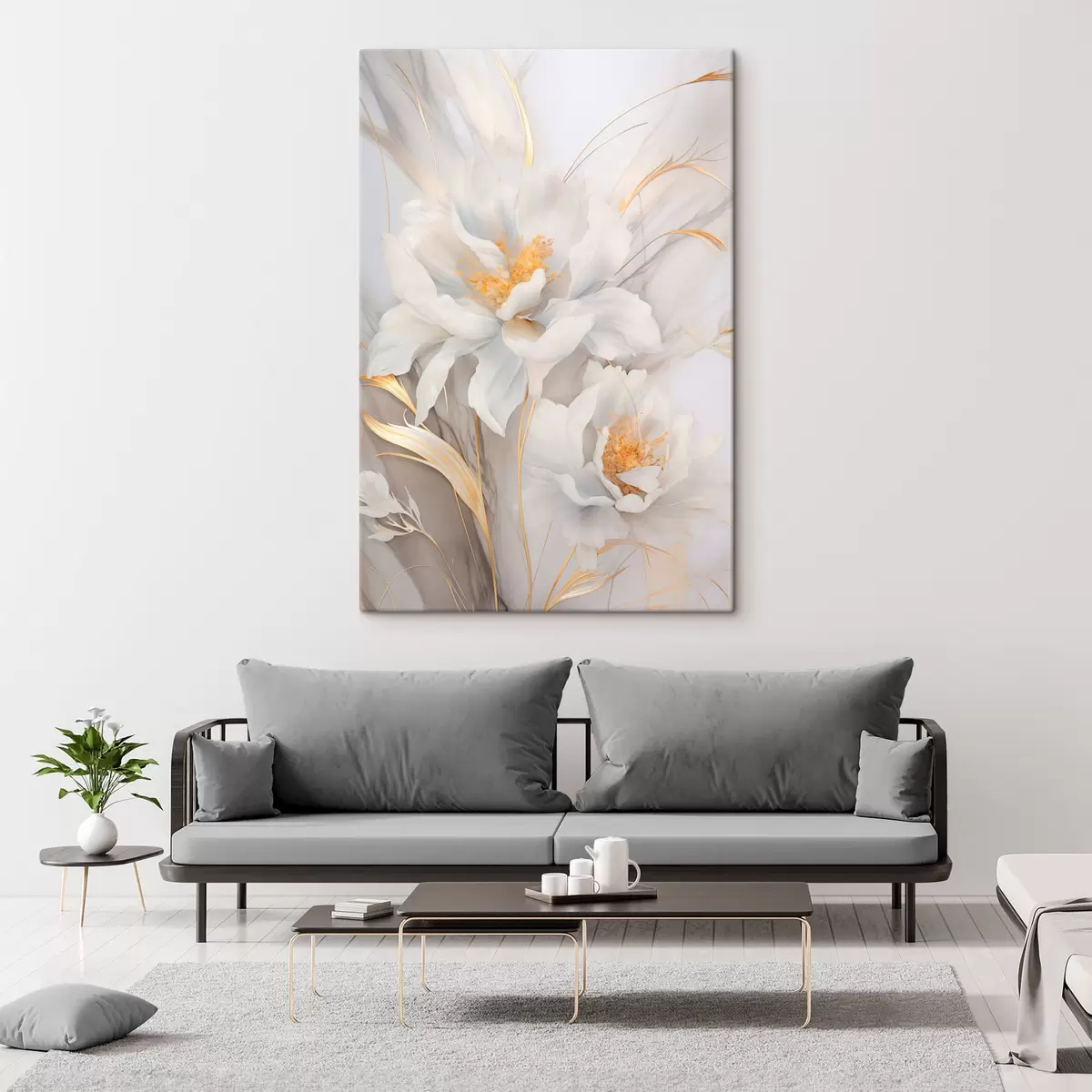 Glezna Baltas ziedi ar dzelteniem pistilām un kātiņiem, maigi ziedlapiņas, elegants kompozīcija, neitrāls fons s46293