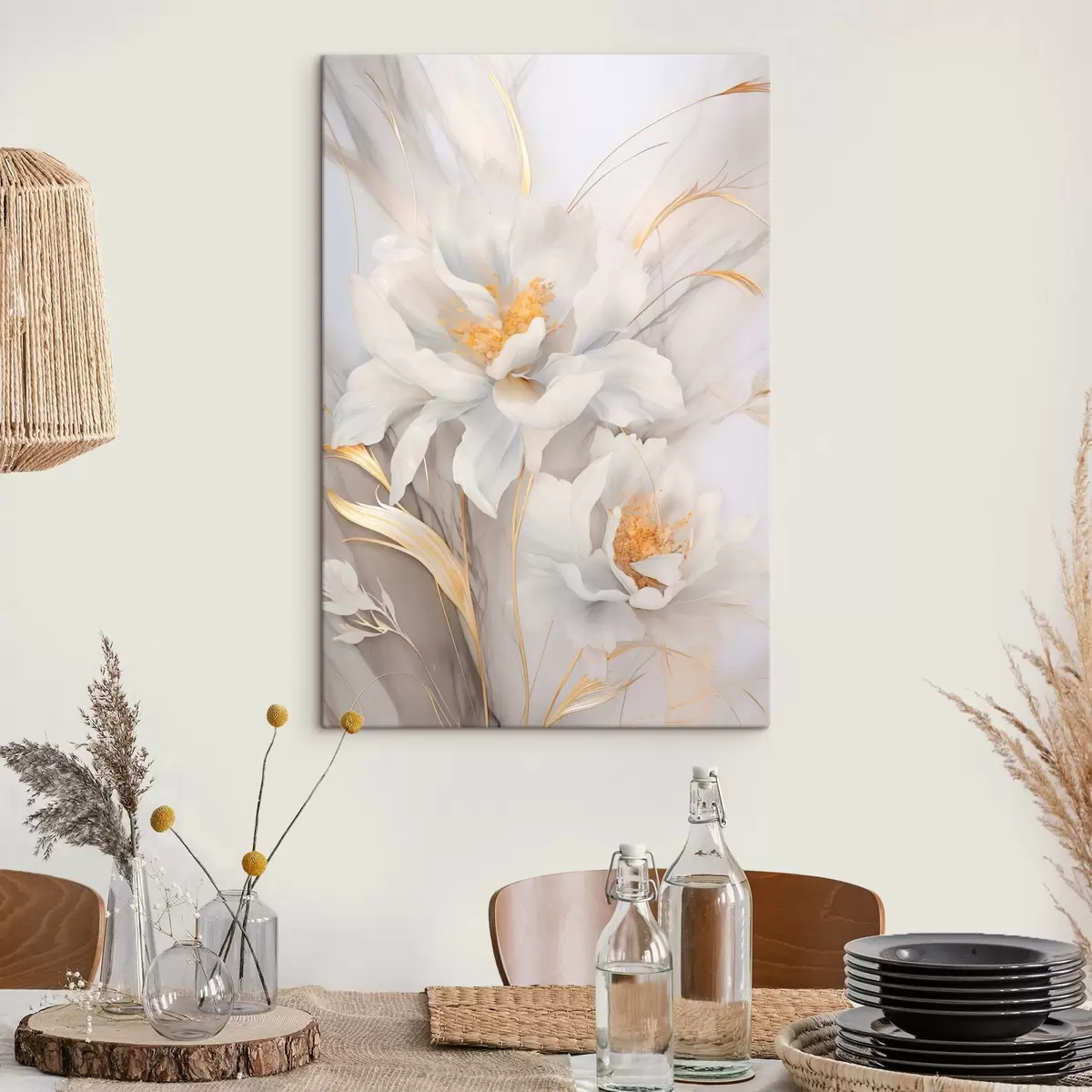 Glezna Baltas ziedi ar dzelteniem pistilām un kātiņiem, maigi ziedlapiņas, elegants kompozīcija, neitrāls fons s46293