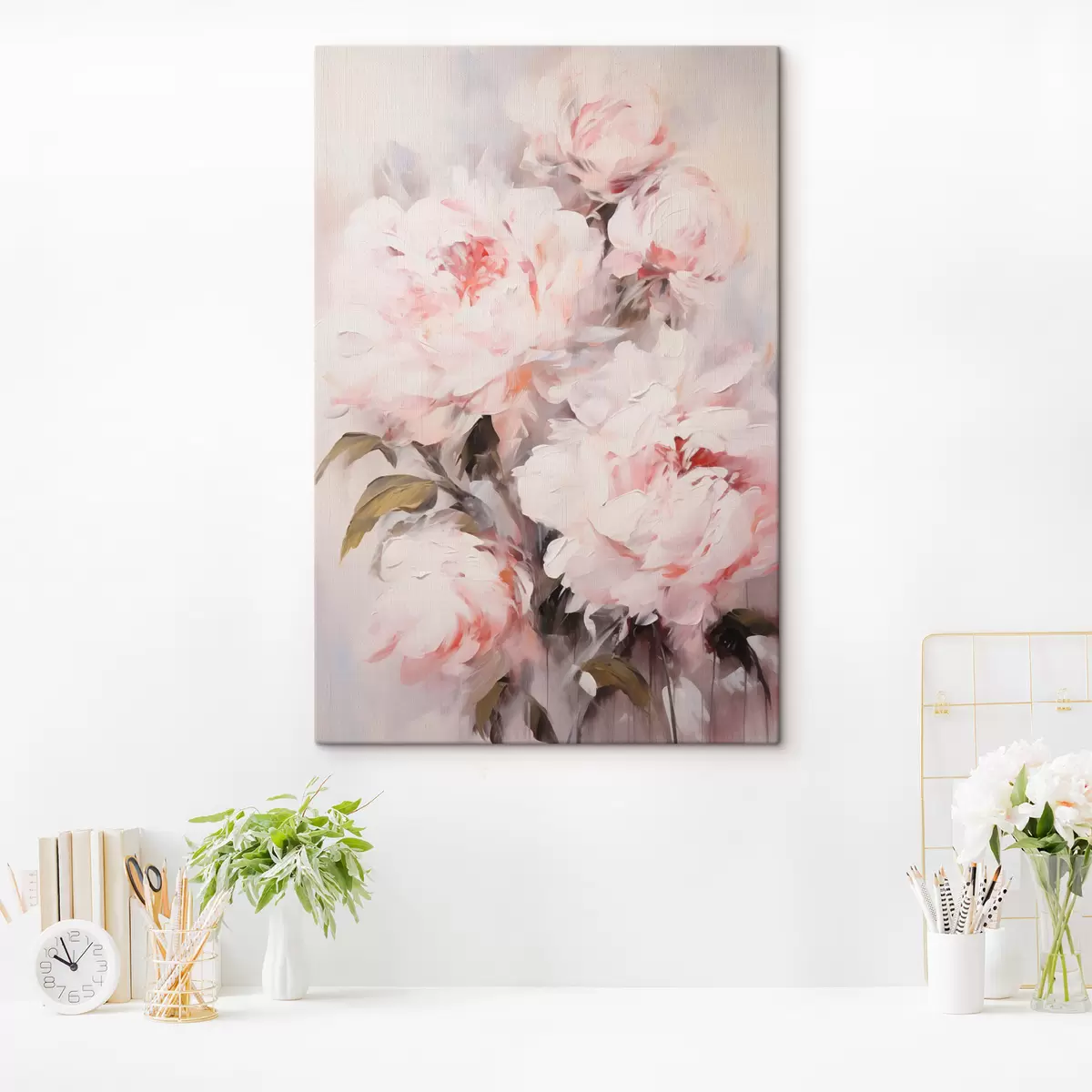 Glezna Gaiši rozā peoniju pušķis ar zaļām lapām, maigi triepieni, pasteļtoņi, uz gaiša fona s46294