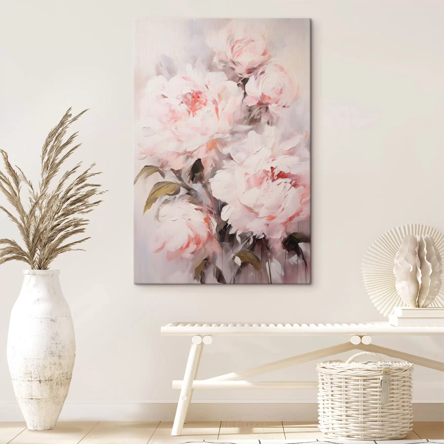 Glezna Gaiši rozā peoniju pušķis ar zaļām lapām, maigi triepieni, pasteļtoņi, uz gaiša fona s46294