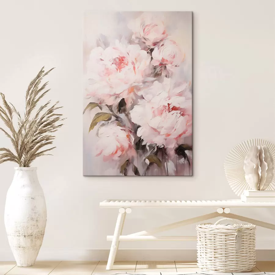 Glezna Gaiši rozā peoniju pušķis ar zaļām lapām, maigi triepieni, pasteļtoņi, uz gaiša fona s46294