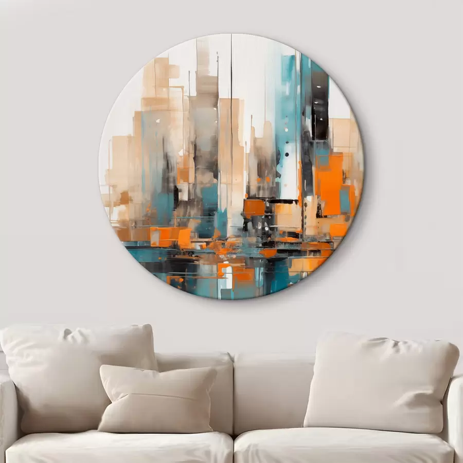 Glezna Abstrakts pilsētas skats ar oranžu, zilu un brūnu krāsu, vertikāliem otu triepieniem un ģeometriskām formām r46266