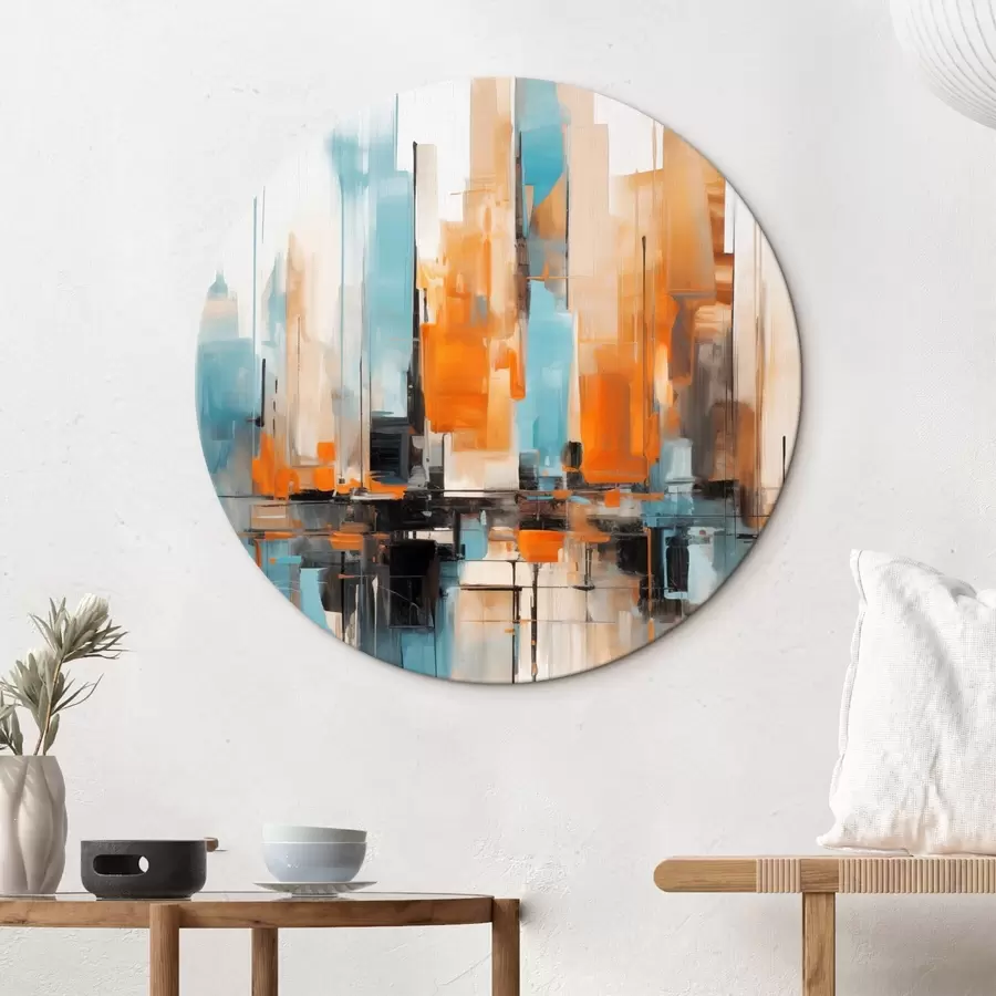 Glezna Abstrakts pilsētas skats ar vertikāliem otu triepieniem oranžos, zilos un baltos toņos, glezniecības stils r46267