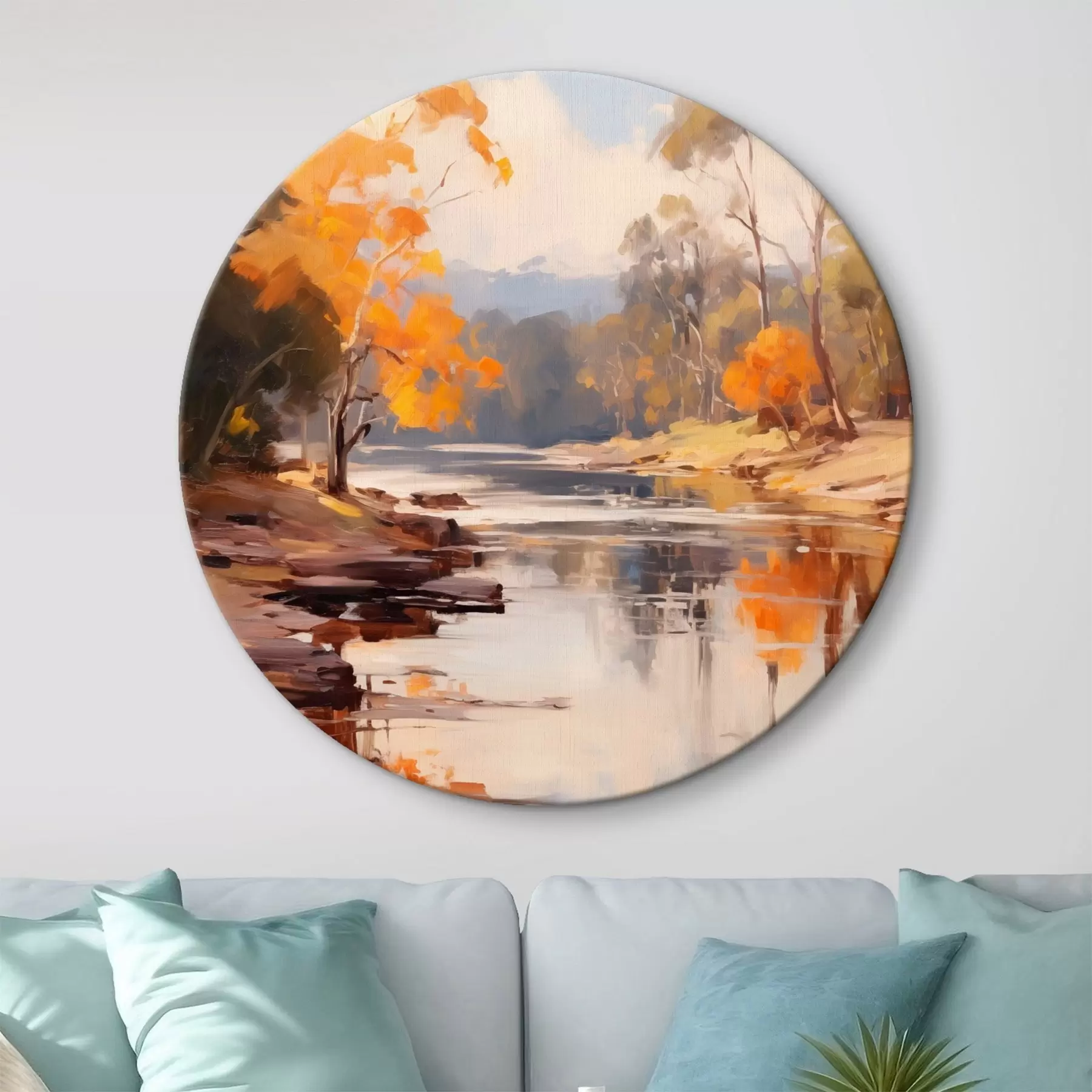 Glezna Rudens ainava, upe ar kokiem krastā, mežs fonā, atspoguļojumi uz ūdens r46280