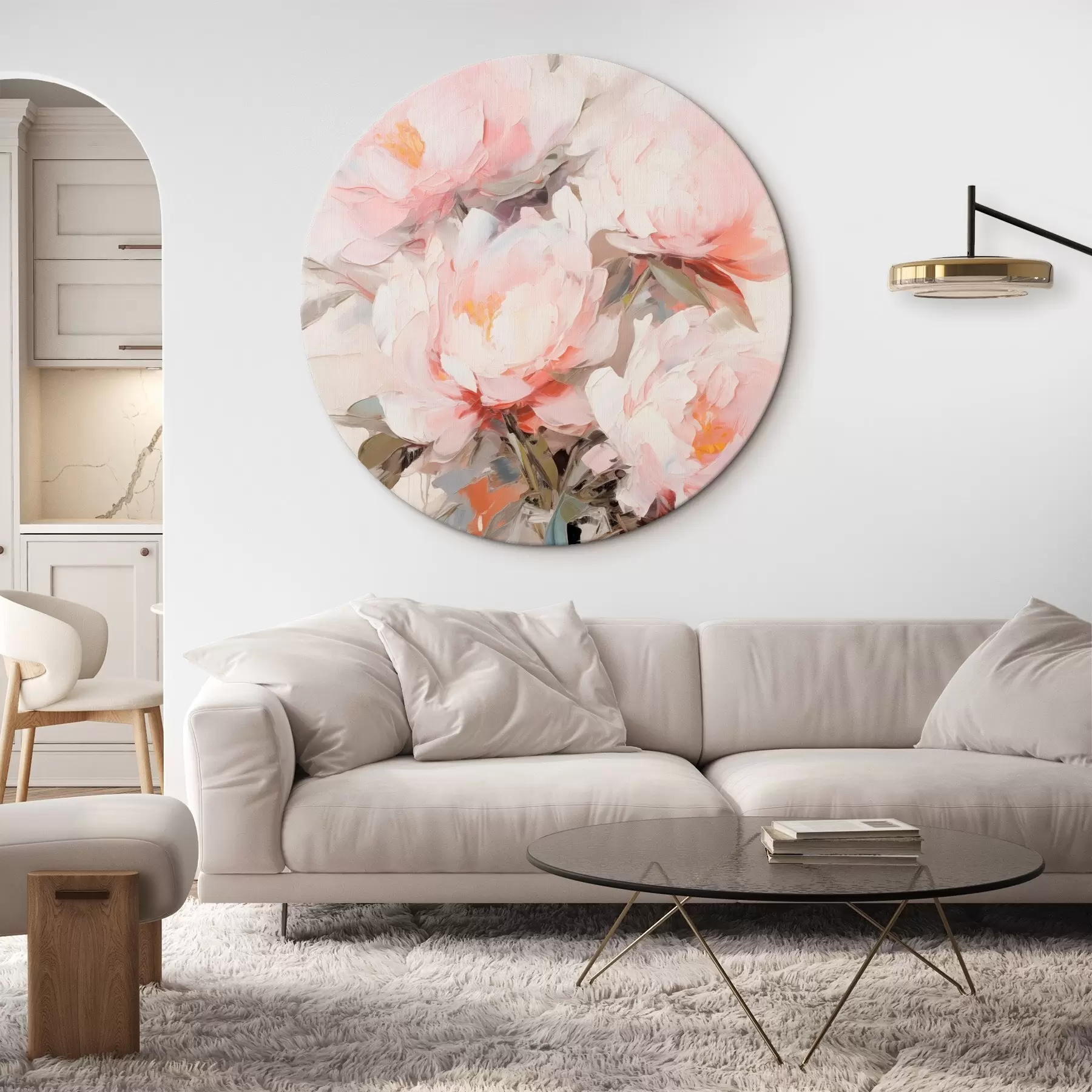 Glezna Rozā un baltu peoniju pušķis stikla vāzē, maigi triepieni, pasteļtoņi, neitrāls fons r46295