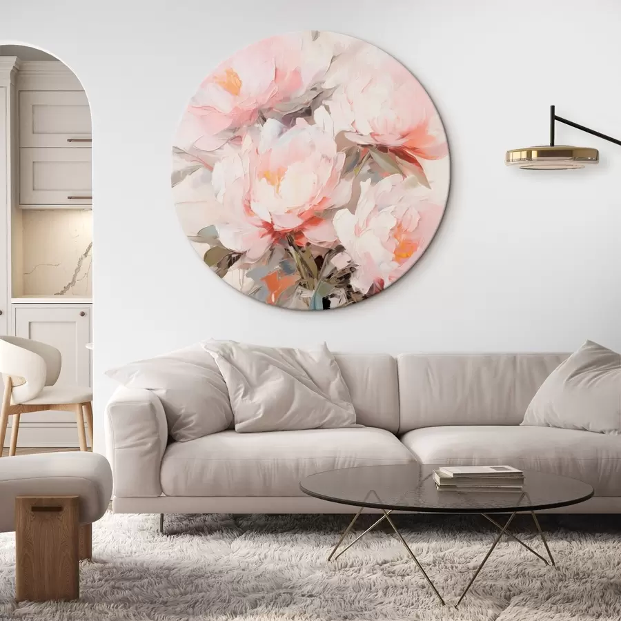 Glezna Rozā un baltu peoniju pušķis stikla vāzē, maigi triepieni, pasteļtoņi, neitrāls fons r46295