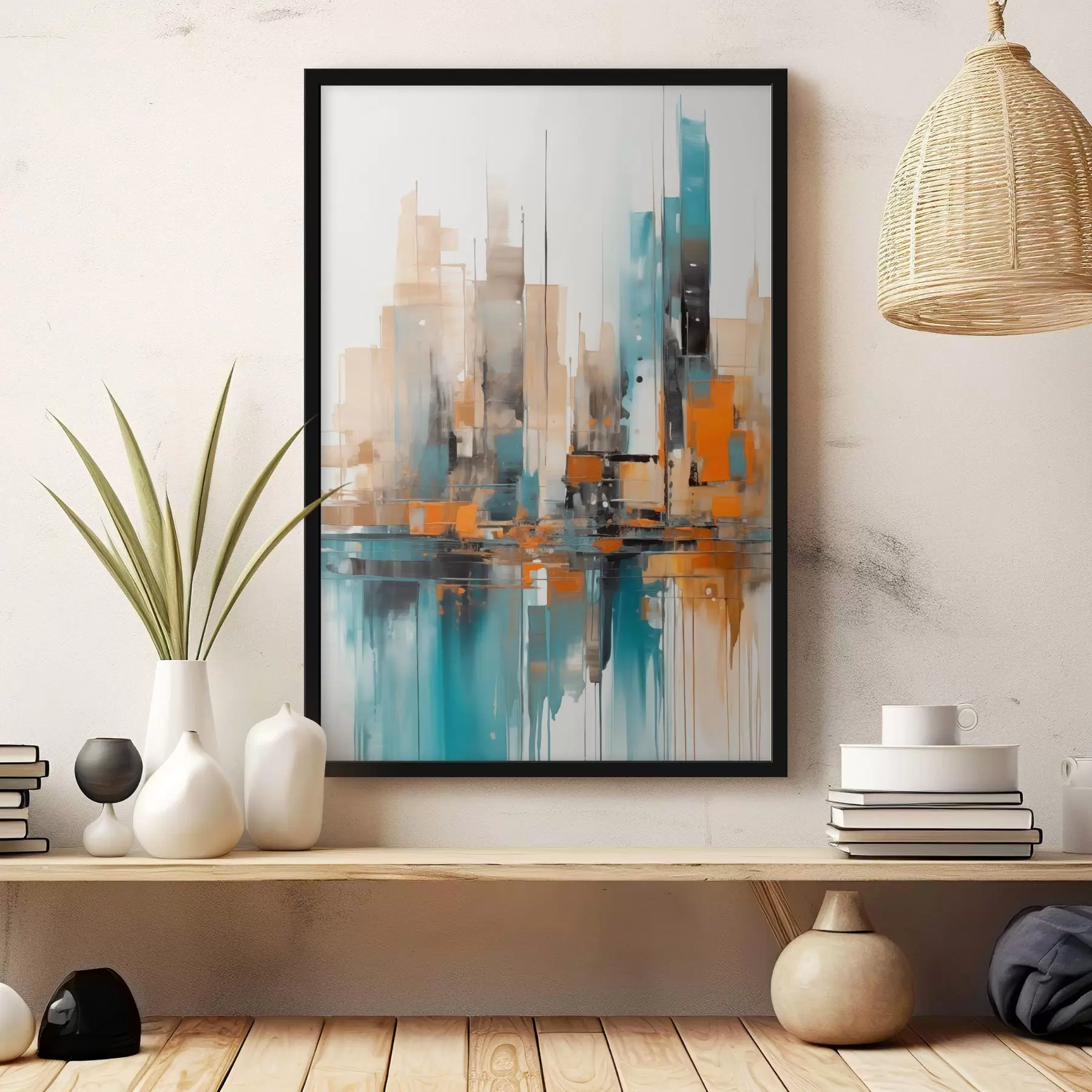 Fototapetes Abstrakts pilsētas skats ar oranžu, zilu un brūnu krāsu, vertikāliem otu triepieniem un ģeometriskām formām f46266