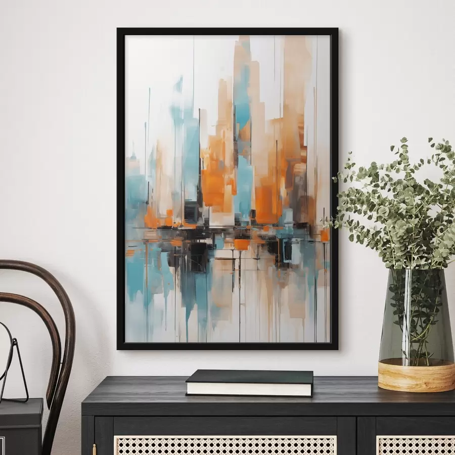 Fototapetes Abstrakts pilsētas skats ar vertikāliem otu triepieniem oranžos, zilos un baltos toņos, glezniecības stils f46267