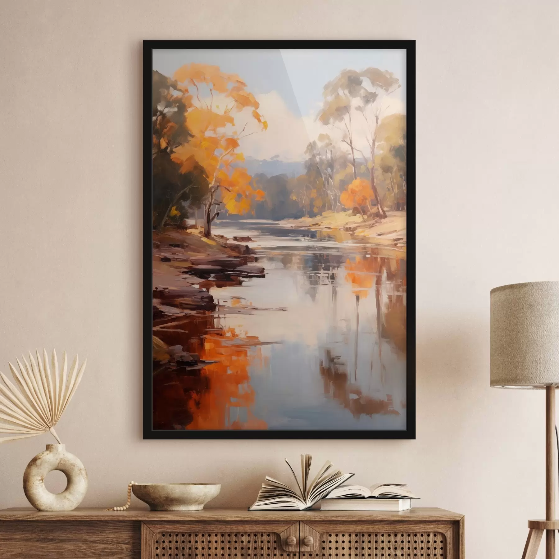 Fototapetes Rudens ainava, upe ar kokiem krastā, mežs fonā, atspoguļojumi uz ūdens f46280