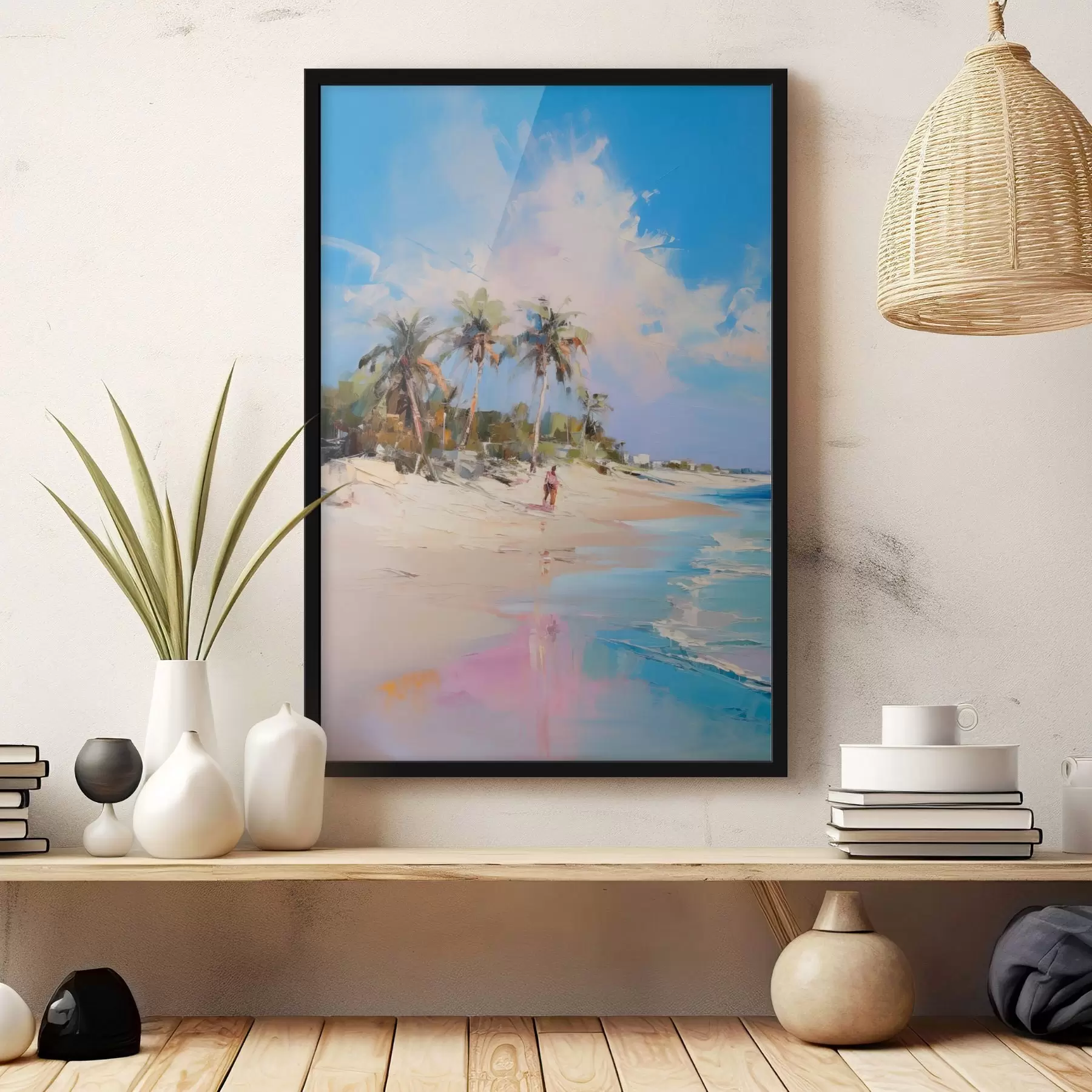 Fototapetes Abstrakts ainava, pludmale ar palmu kokiem, gaiša saulaina diena ar zilu debesi un dažiem mākoņiem f46284